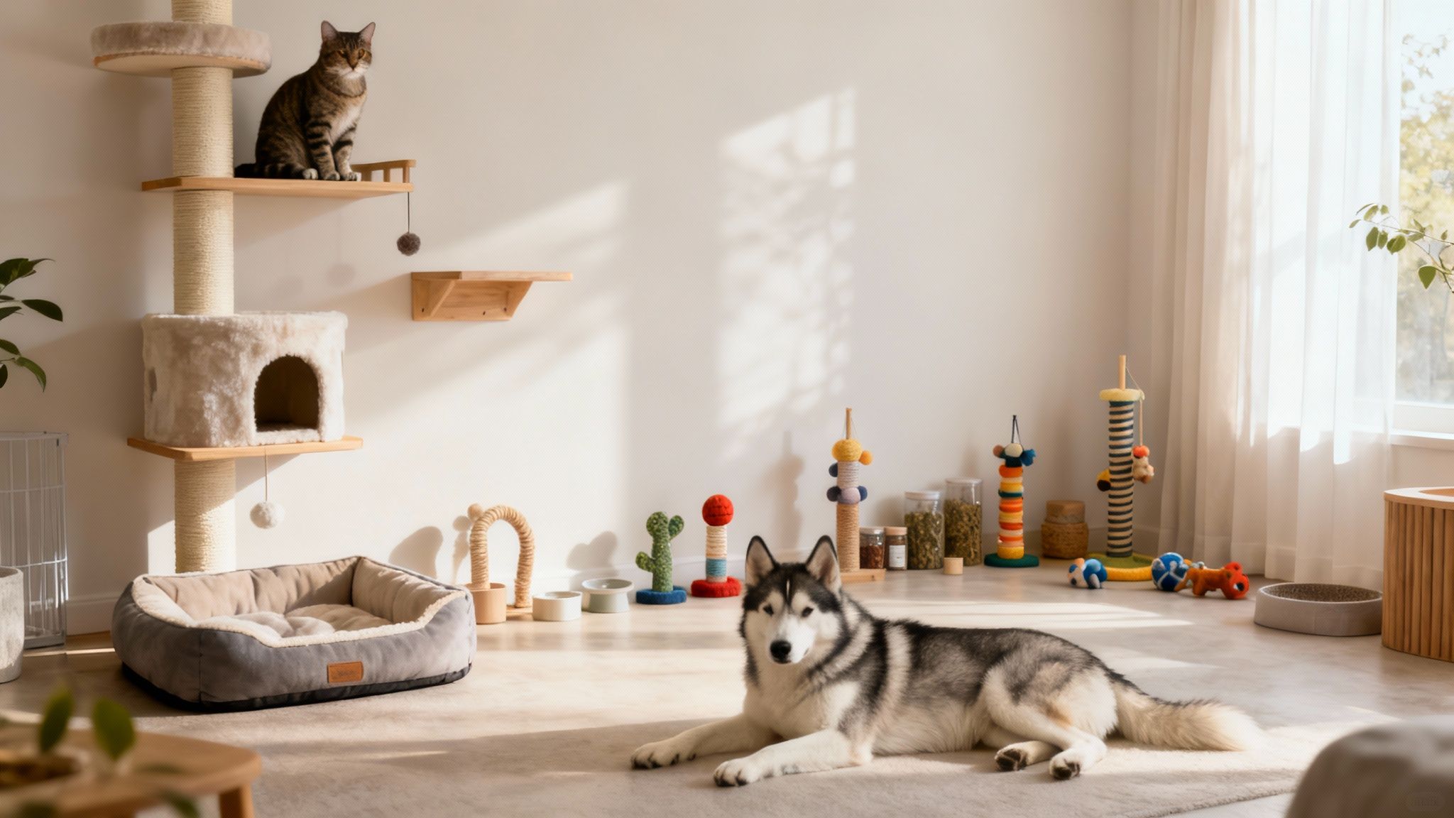 Siberian husky and tabby cat peacefully sharing a modern living room with pet toys and furniture