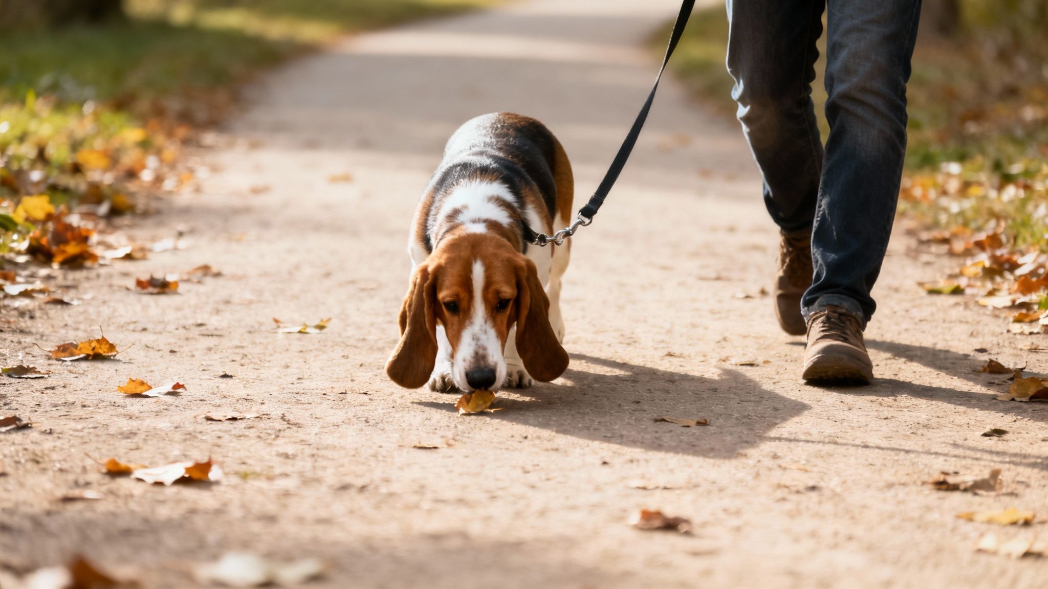 A brown and white beagle dog on a leash sniffs a fallen leaf on an autumn path next to a person's legs.