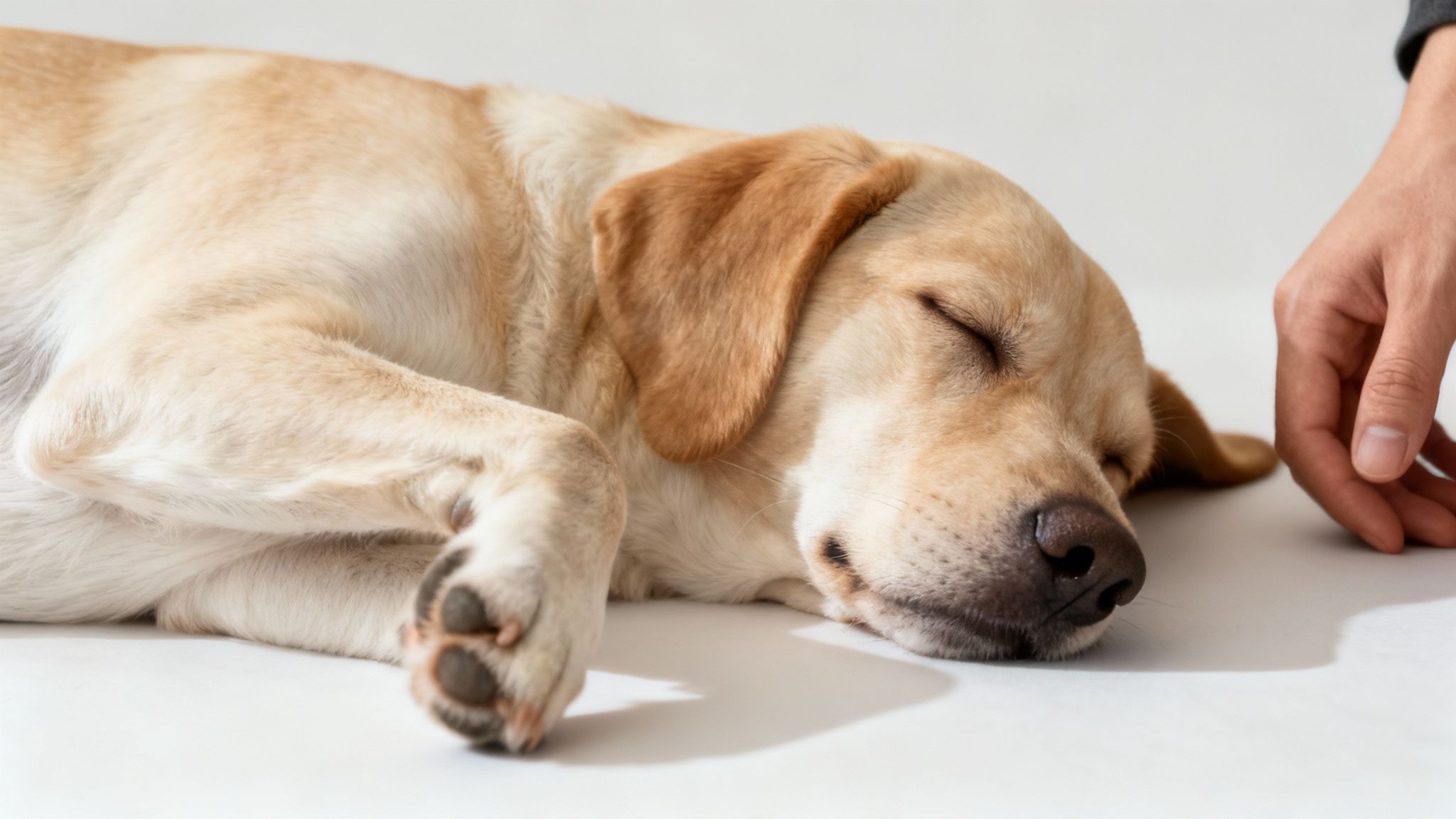 A calm small dog sleeping soundly with a comforting human hand nearby.