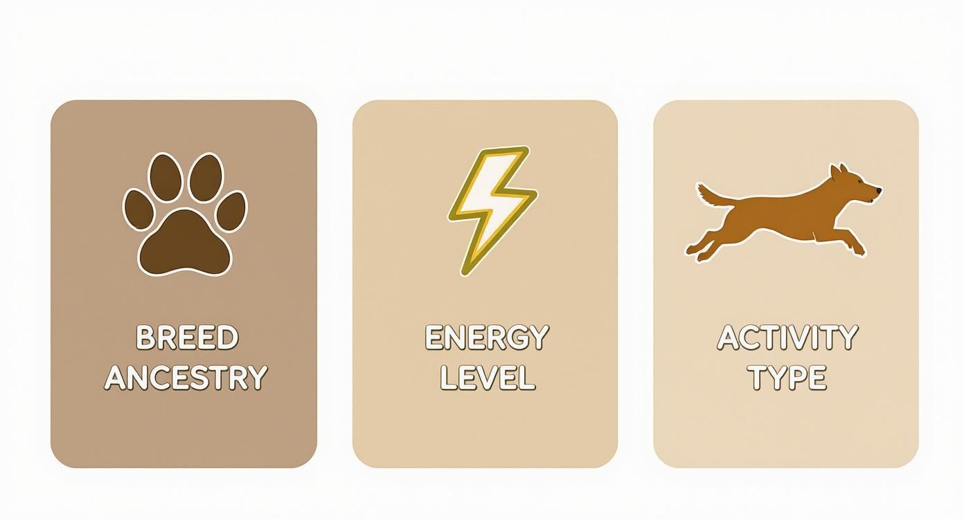 Three cards illustrating dog breed ancestry, energy level, and activity type with relevant icons.