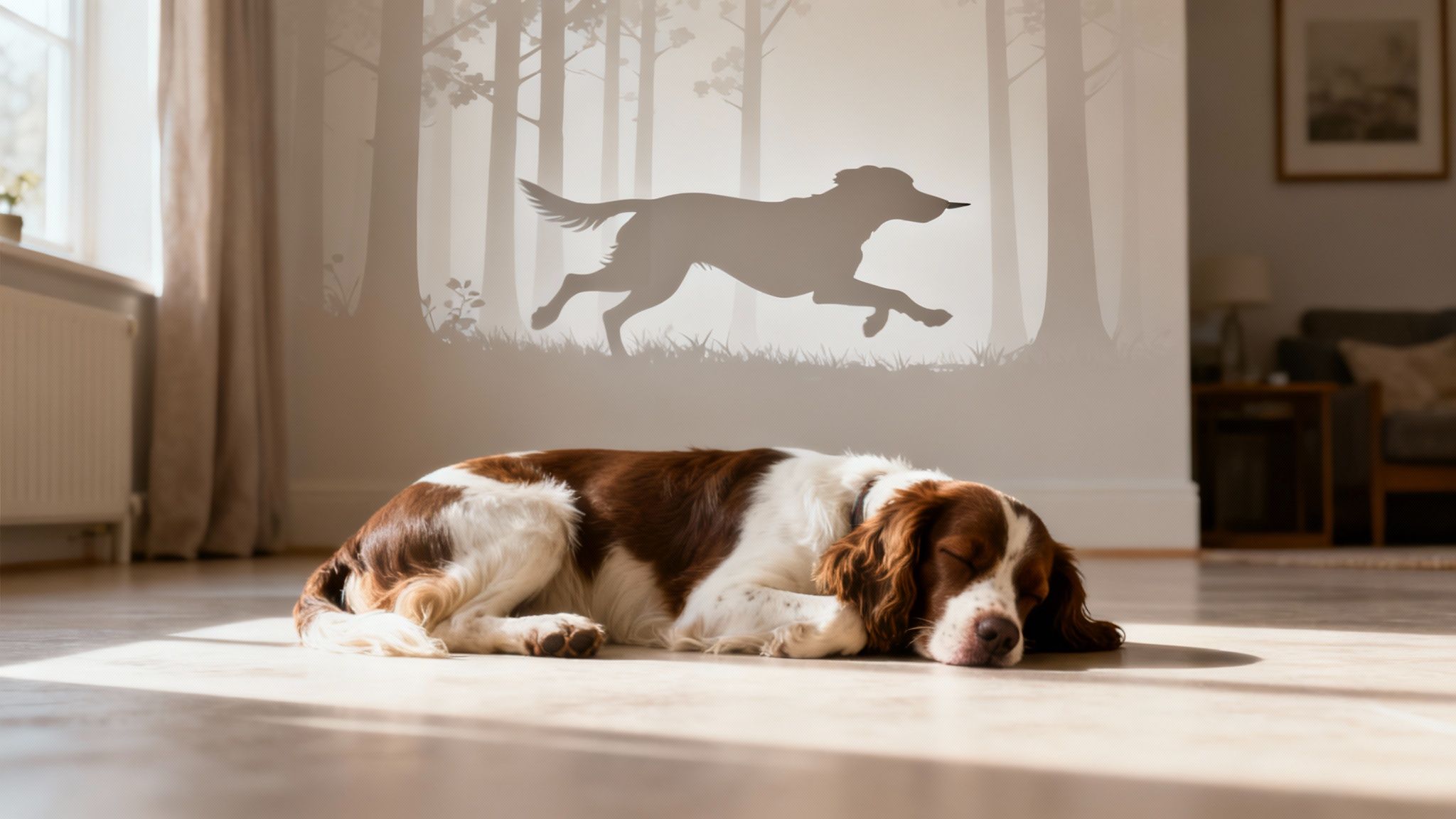 A brown and white dog sleeps on a sunlit floor, while a wall mural shows a dog running through a forest.