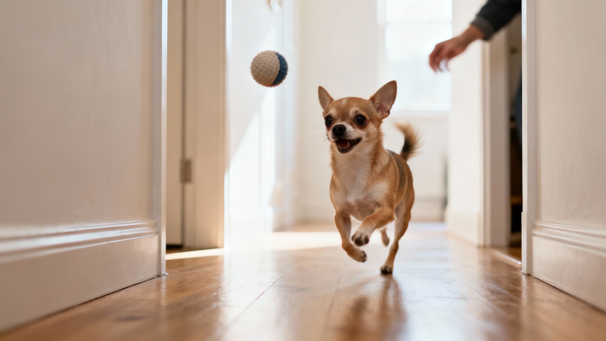 A happy chihuahua runs down a bright hallway indoors, chasing a toy ball thrown by a person.