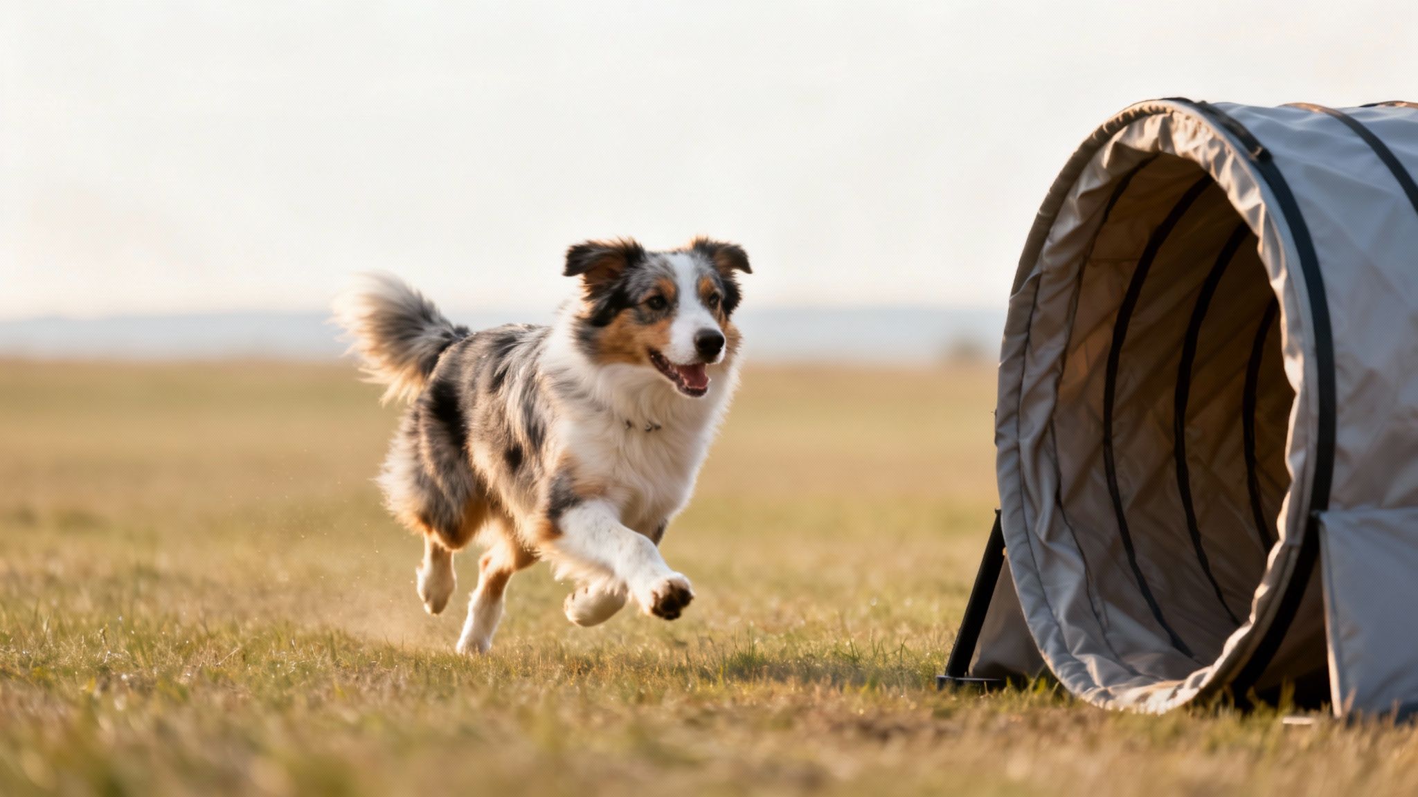 A happy merle Australian Shepherd dog runs through a grassy field next to an agility tunnel.