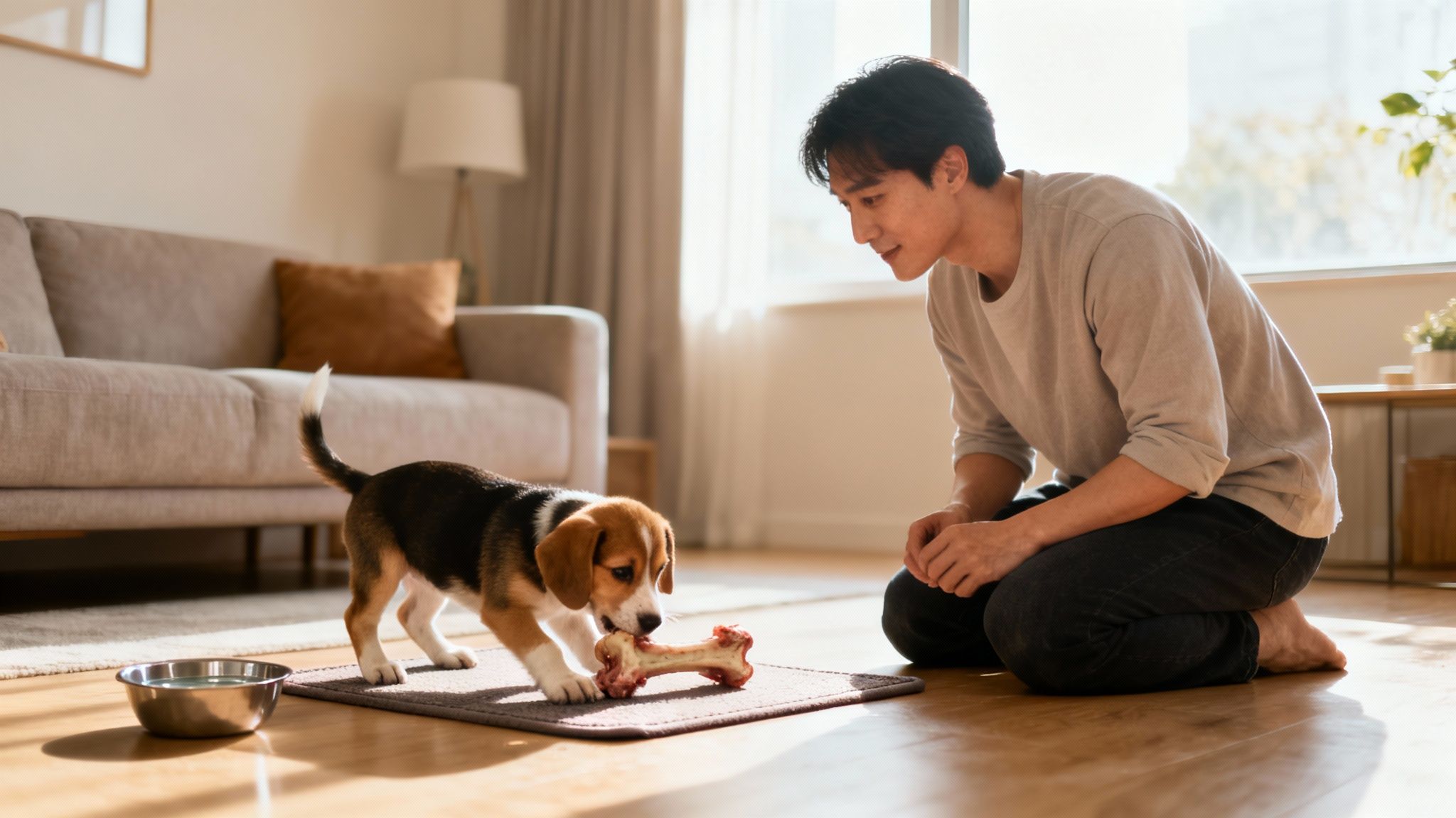 An Asian man kneels on the floor, observing his beagle puppy happily chewing a bone.