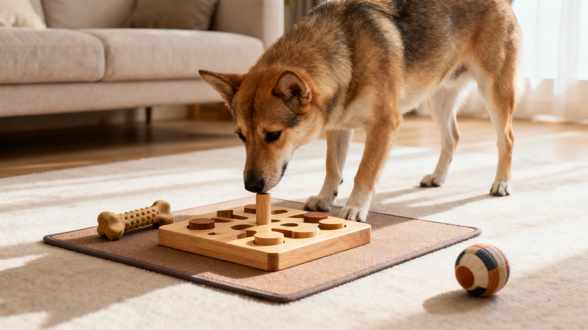 A brown and black dog intently playing with a wooden puzzle feeder on a beige rug.