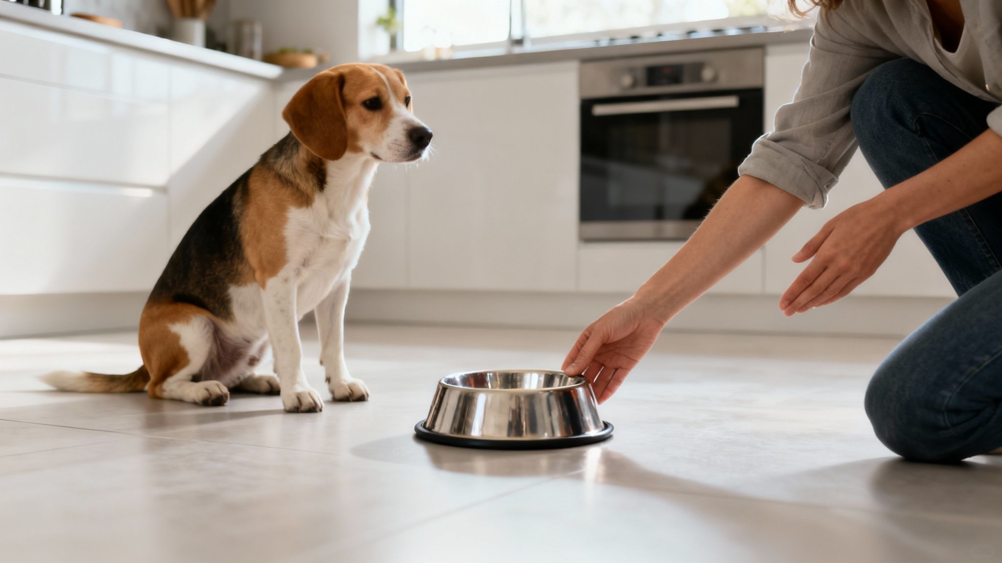 A person places a metal food bowl on the floor in front of a sitting beagle dog in a modern kitchen.