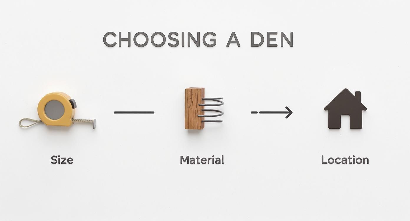 Infographic showing the process of choosing a dog crate, with steps for Size, Material, and Location.