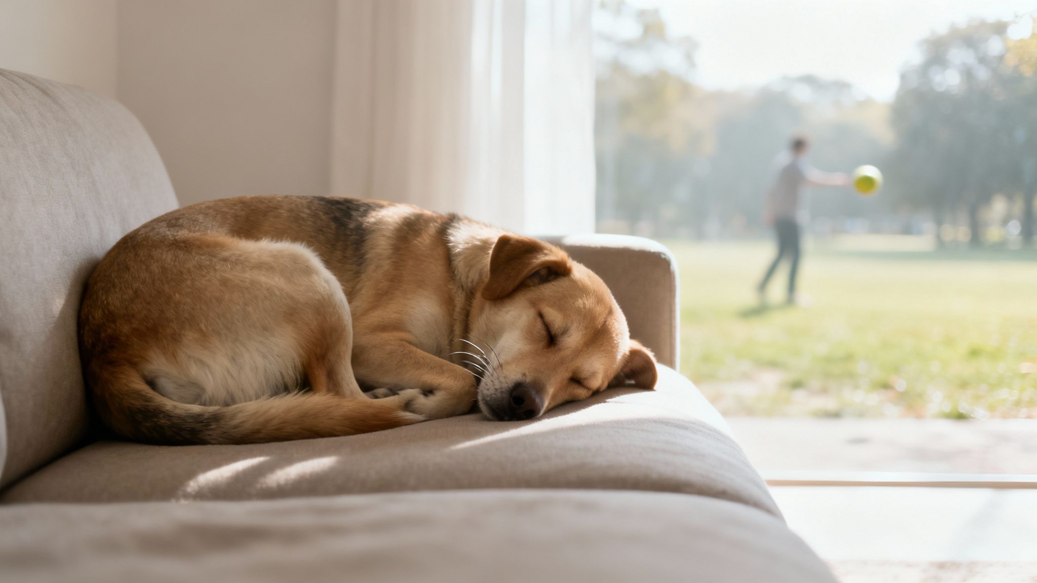 A light brown dog sleeps peacefully curled up on a comfortable couch, sunlight streaming in from a window looking out onto a park.