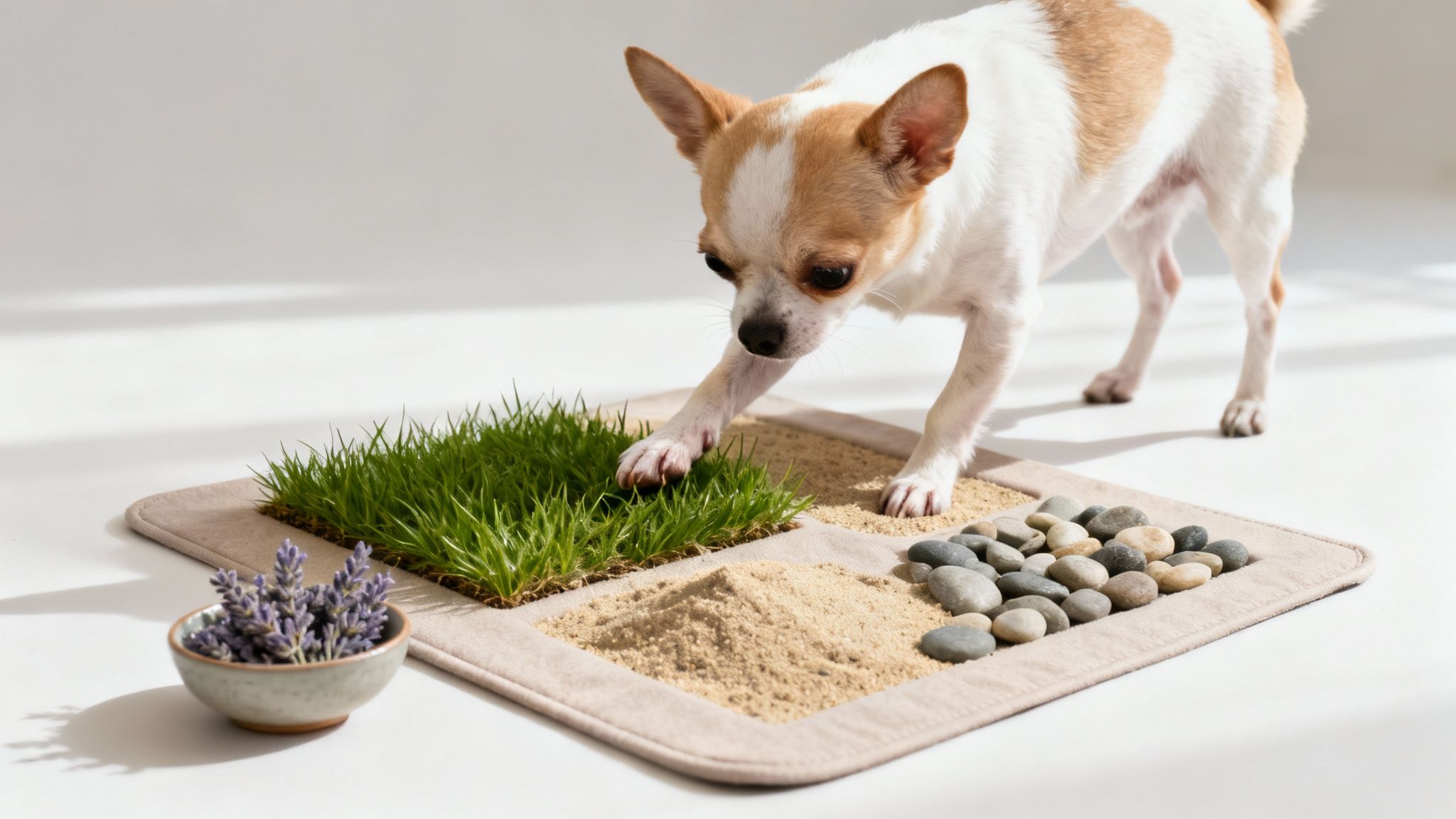 A small chihuahua dog gently exploring a sensory mat featuring green grass, sand, and smooth stones, with a bowl of lavender nearby.