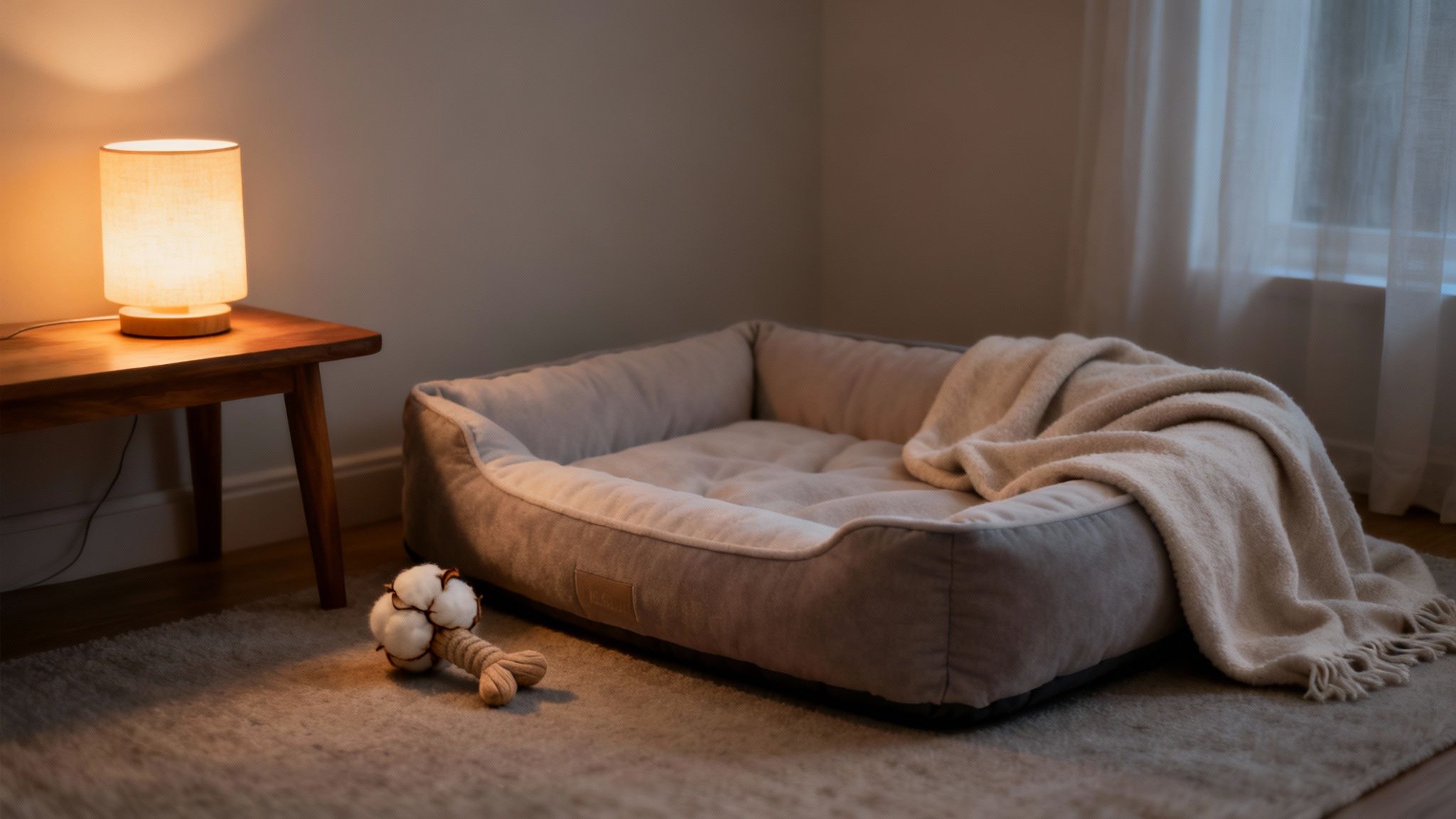 A small dog resting in a cozy bed in a softly lit room.