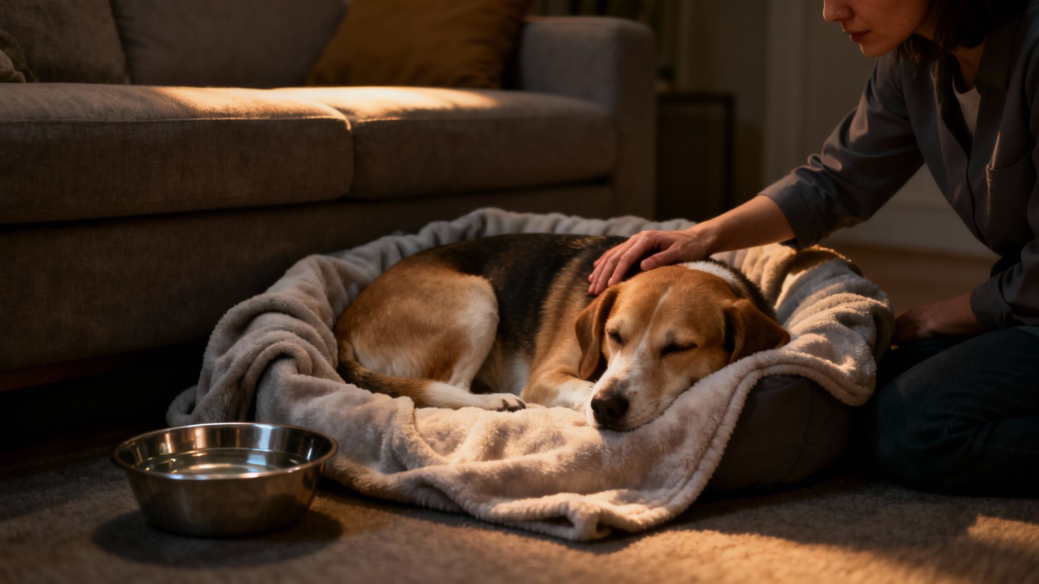 A woman gently pets her sleeping beagle dog curled up in a cozy dog bed with a water bowl nearby.