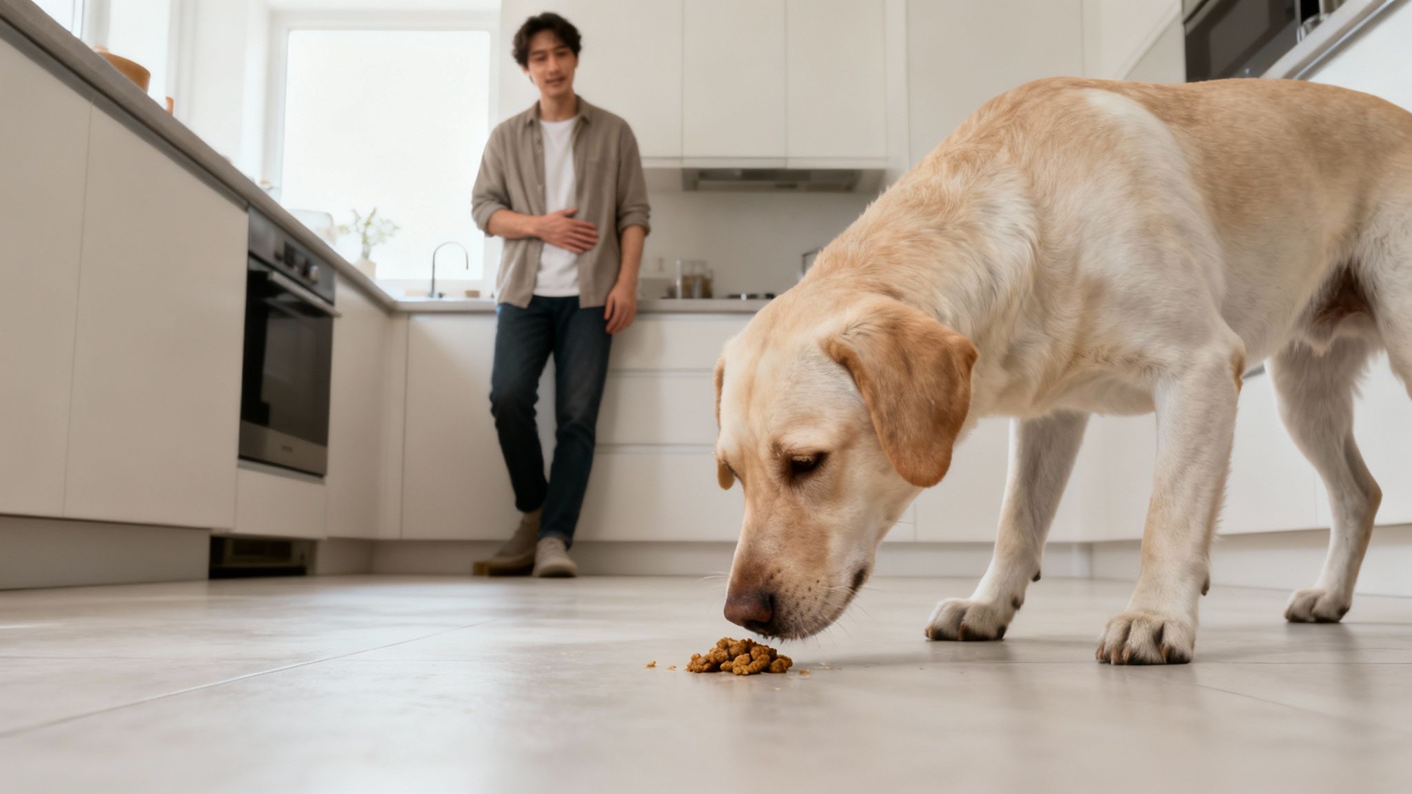 A dog licking its nose indoors with a soft, blurred background.