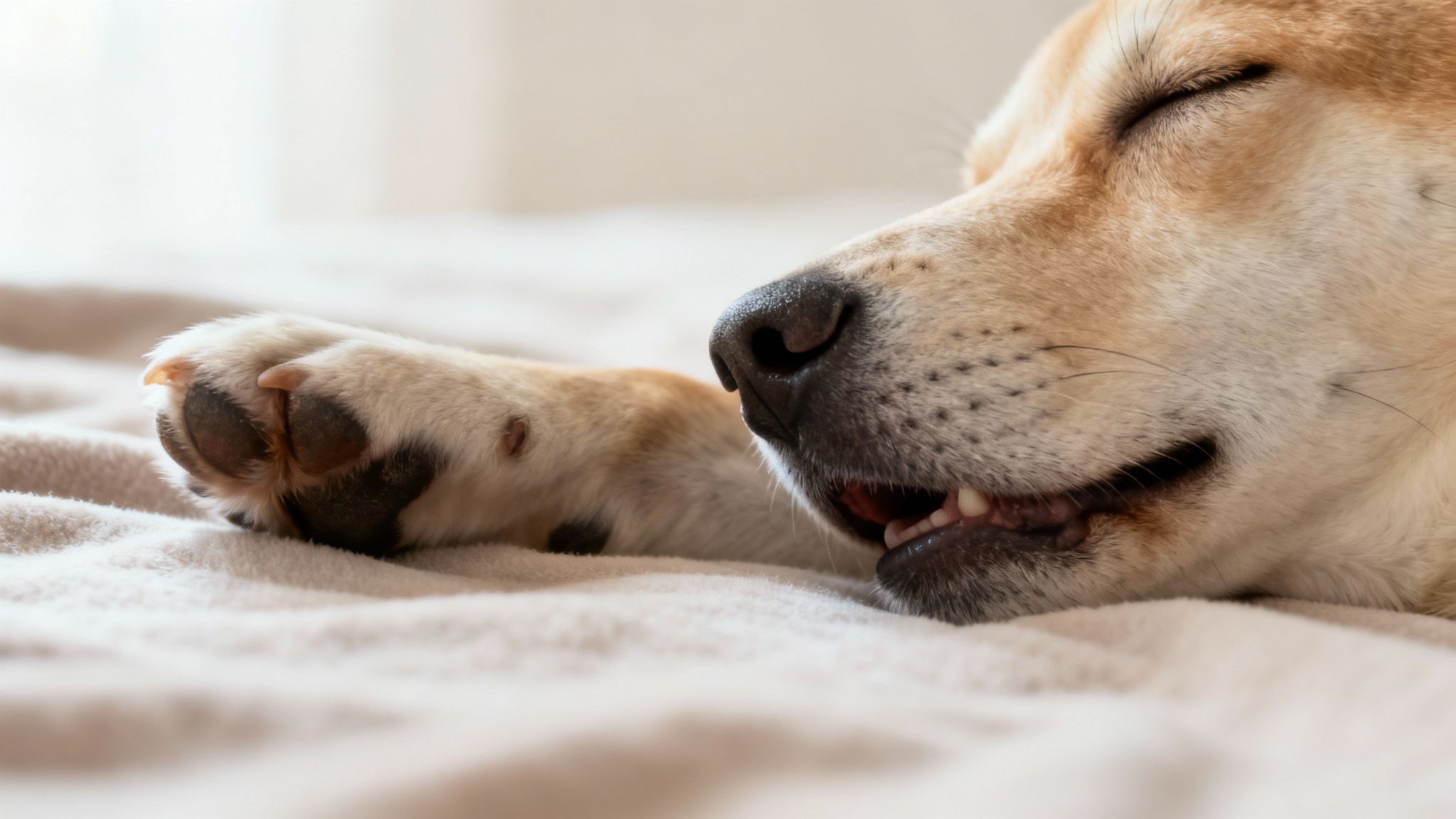 Close-up of a peaceful tan dog sleeping soundly on a soft, light-colored blanket.