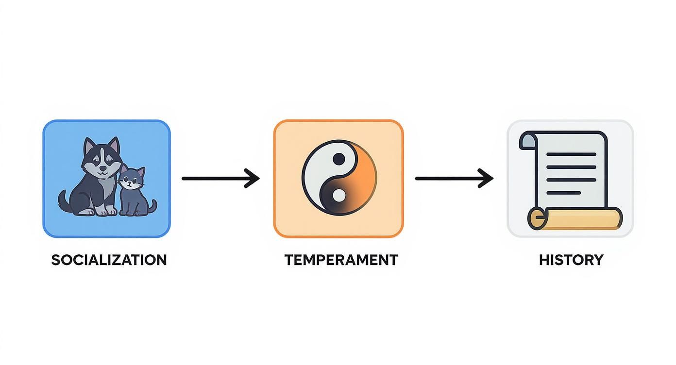 Diagram showing socialization, temperament, and history factors for Siberian Huskies living with cats