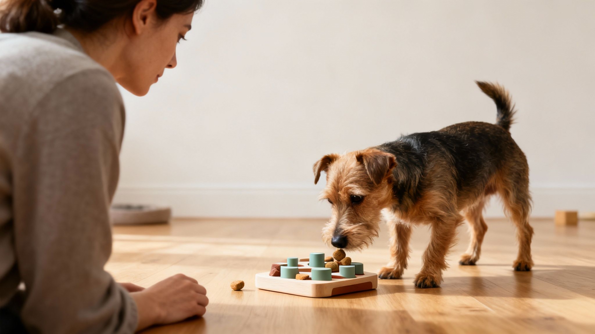 A woman watches her terrier dog solve a puzzle feeder toy on a wooden floor.