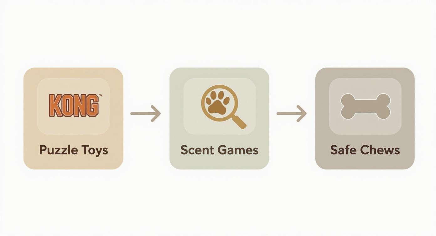 Three activity categories for dogs: KONG puzzle toys, scent games, and safe chews.