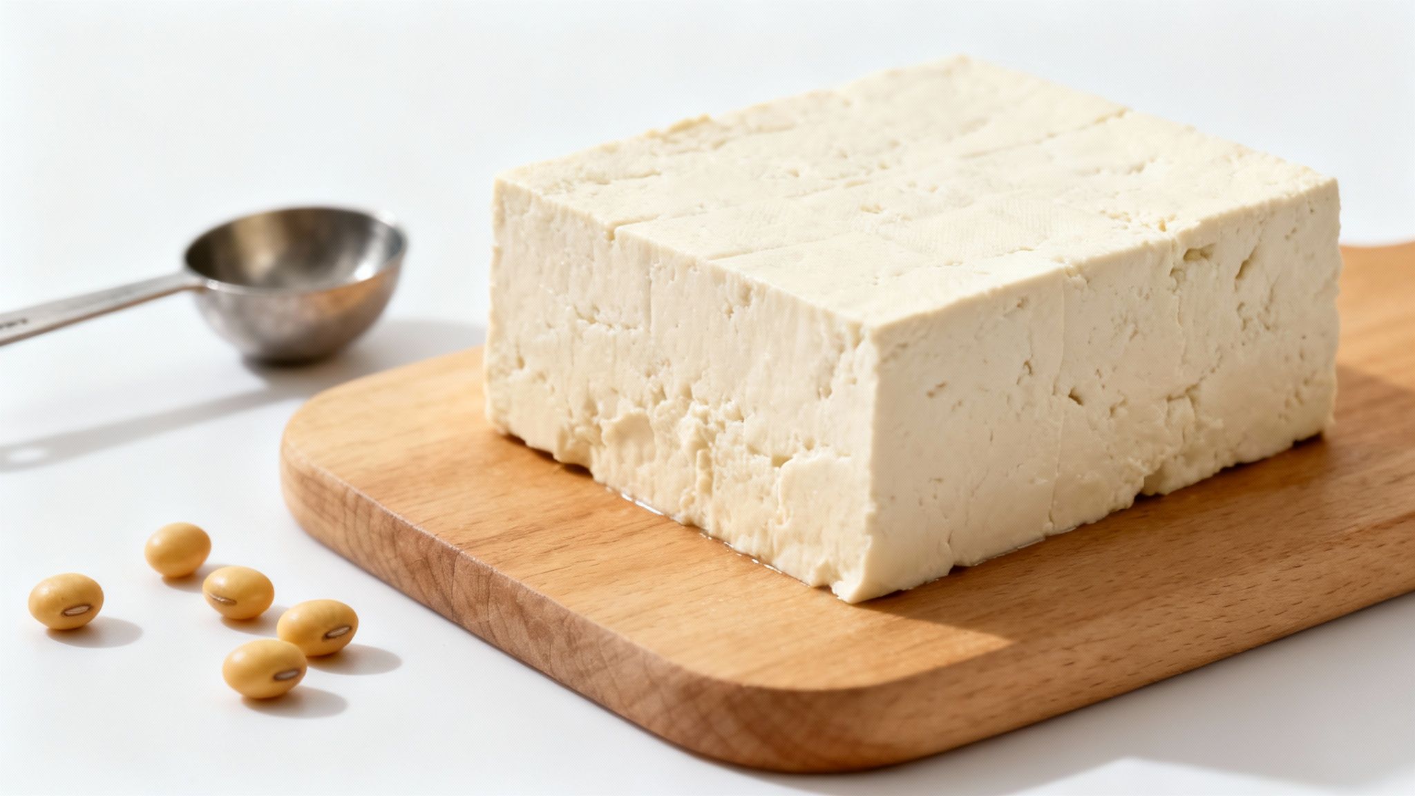 Block of white tofu on wooden cutting board with soybeans and spoon nearby