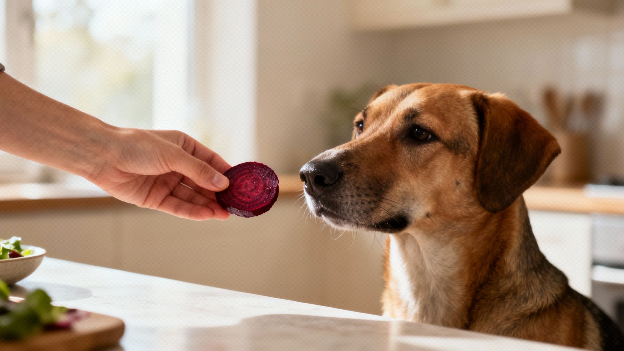 Small dog sniffing a beet root