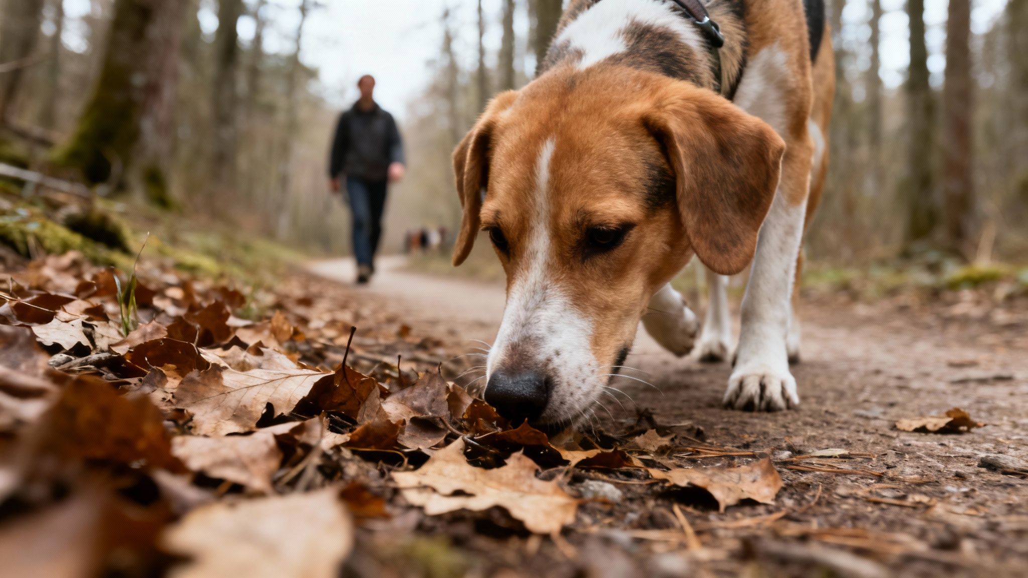 A dog joyfully sniffing plants on a trail, deeply engaged with its senses.
