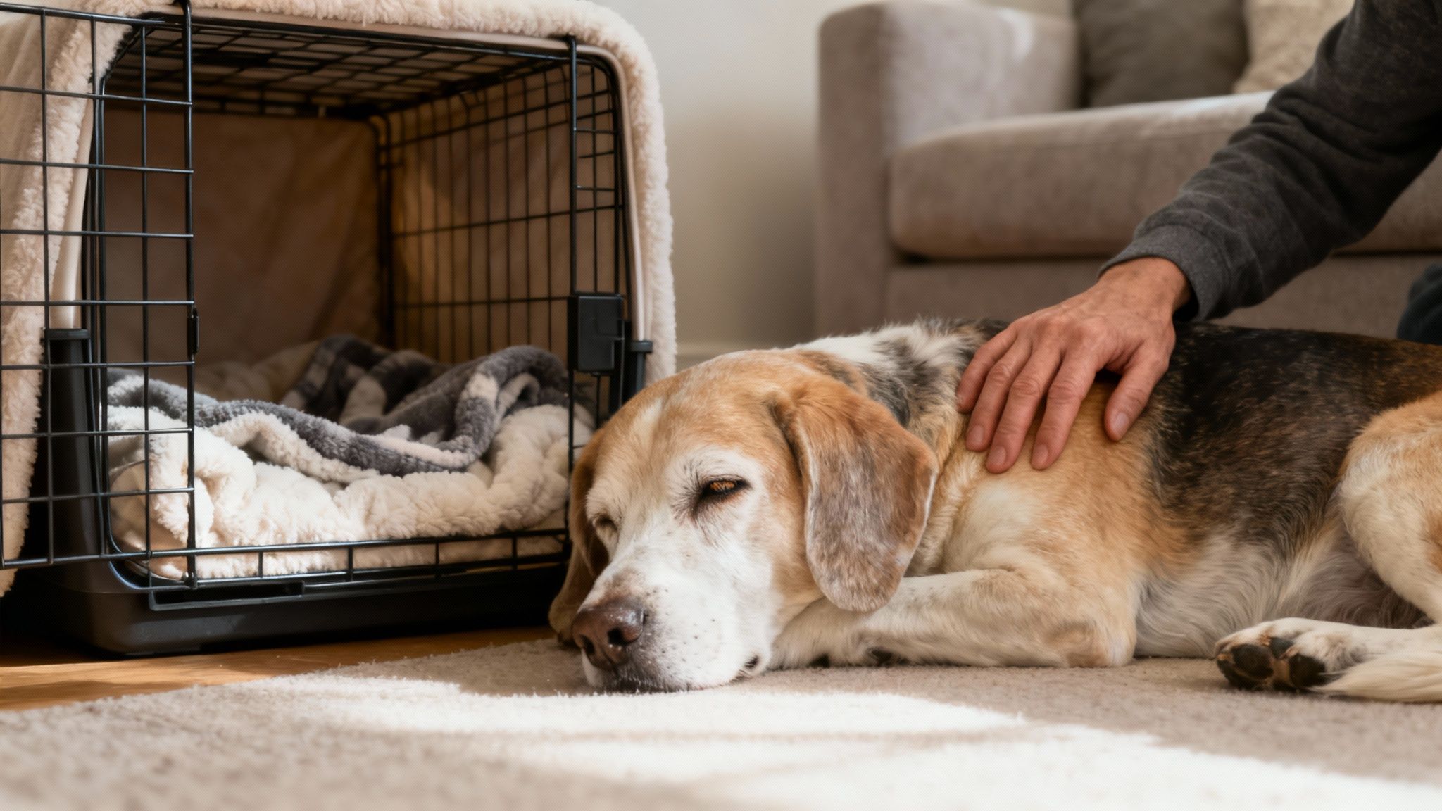 Older golden retriever looking content inside a crate.