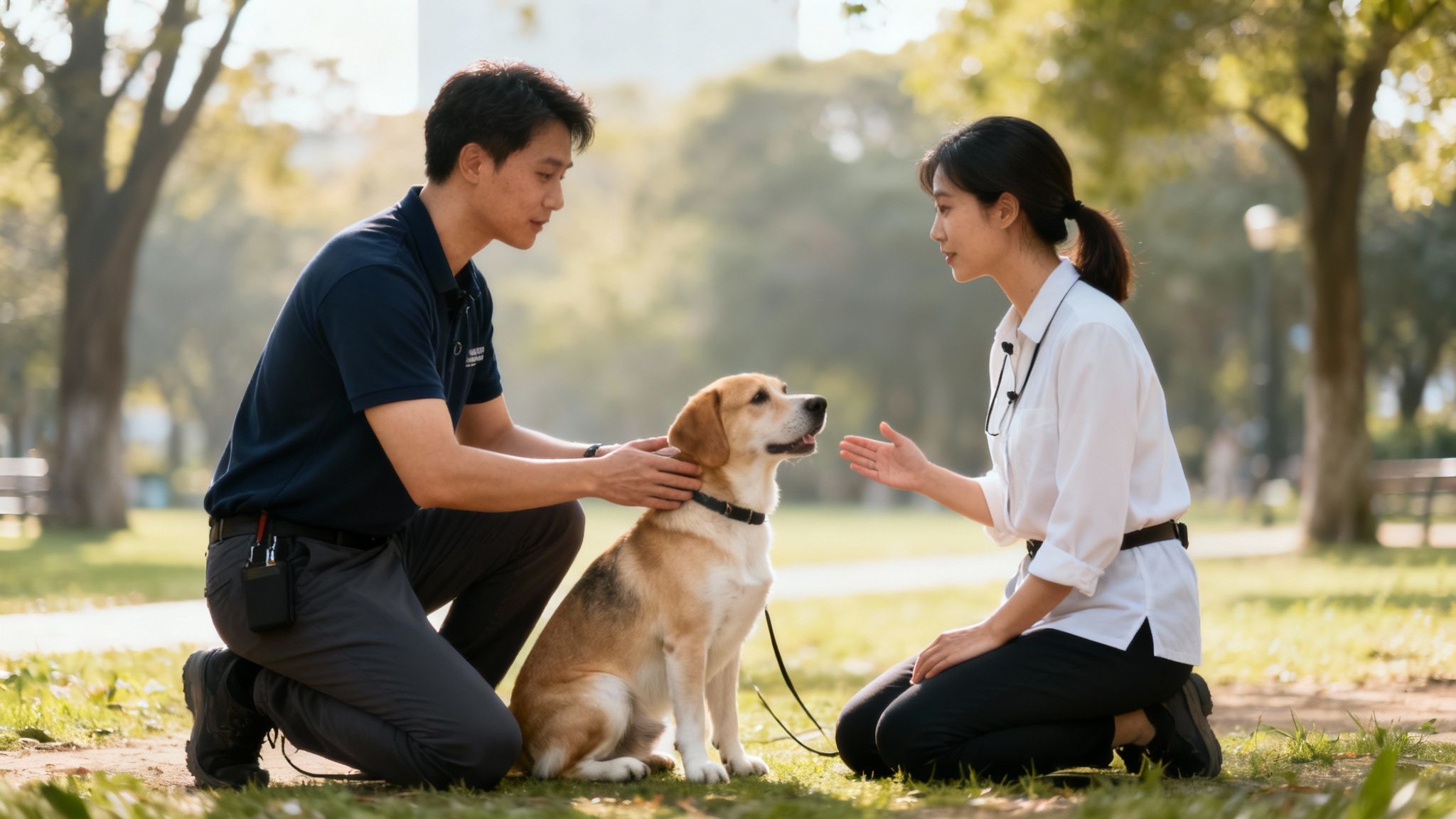 A person kneeling down to comfort a worried-looking dog in an outdoor setting.