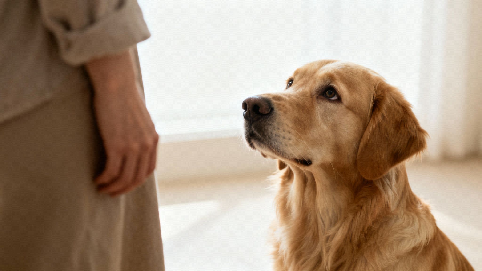 A golden retriever dog looking attentively up at its owner in a bright indoor setting.