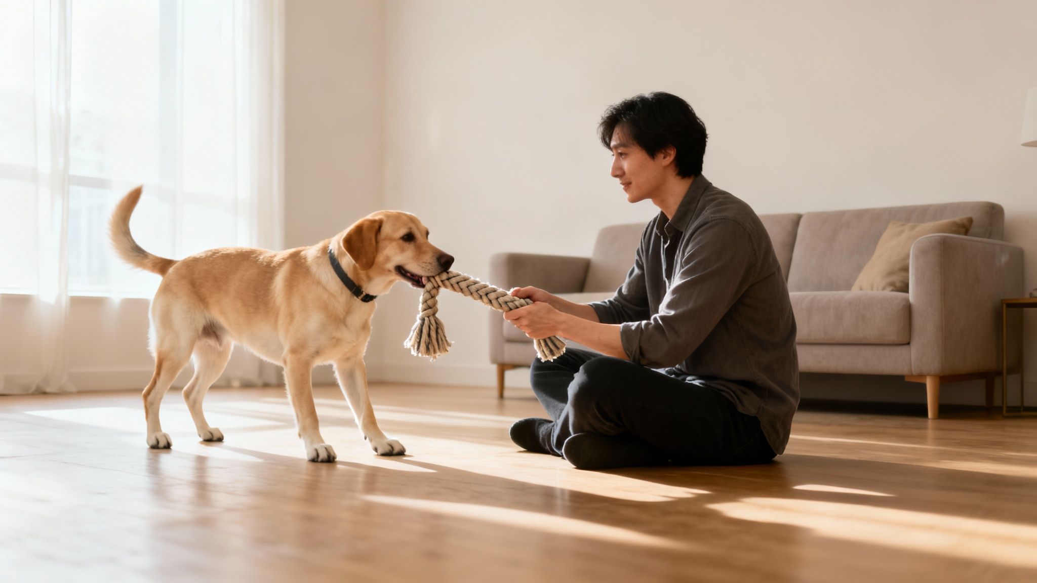 A happy Asian man plays tug-of-war with his yellow Labrador dog in a sunny living room.