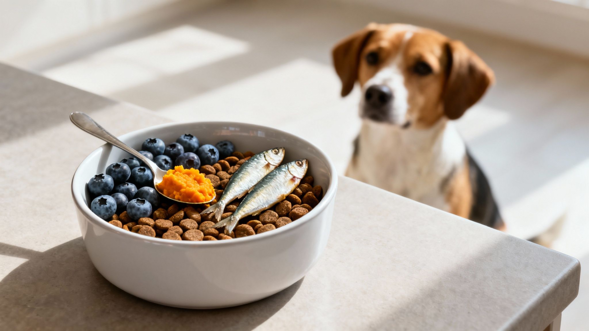 A dog bowl containing kibble, fresh blueberries, pumpkin puree, and two sardines, with a beagle in the background.