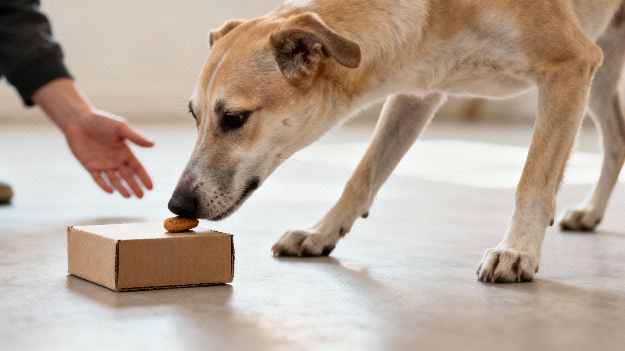 A dog actively sniffing the ground, engaged in scent work.