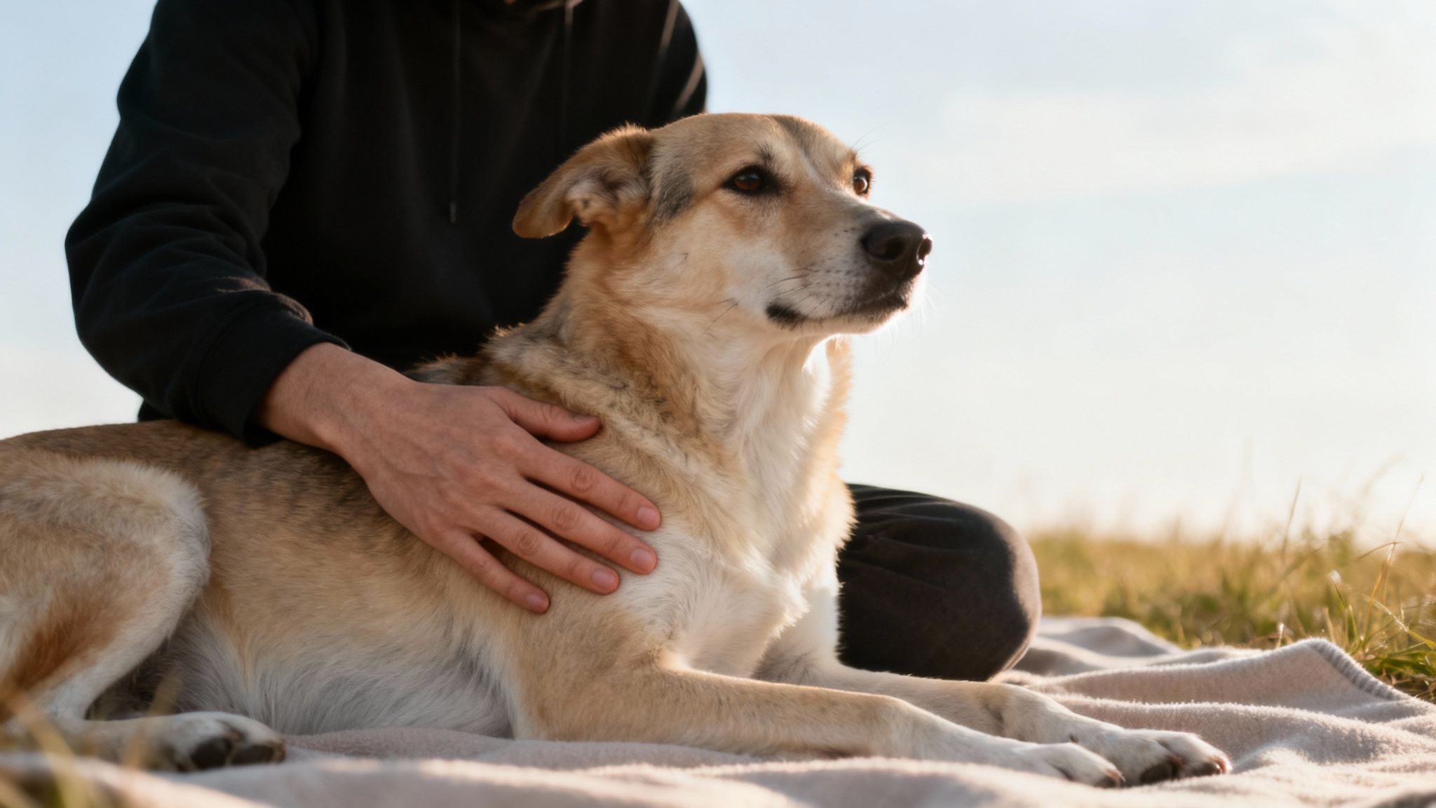 A person in a black hoodie gently strokes a light brown dog resting on a blanket outdoors.