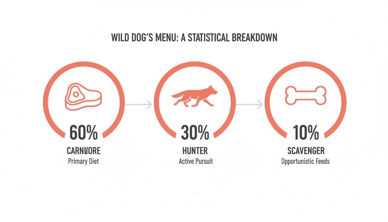 Infographic detailing a wild dog's diet breakdown: 60% carnivore, 30% hunter, and 10% scavenger.