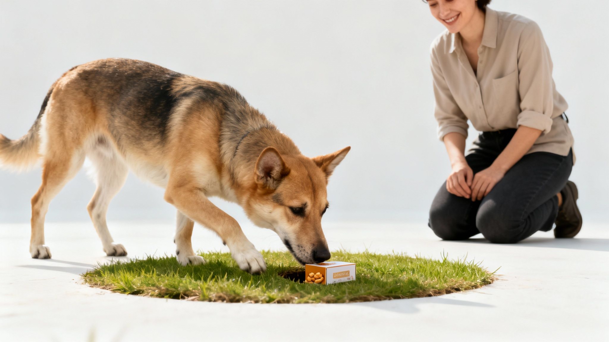 A happy woman watches her dog sniffing a box of treats on a patch of green grass.