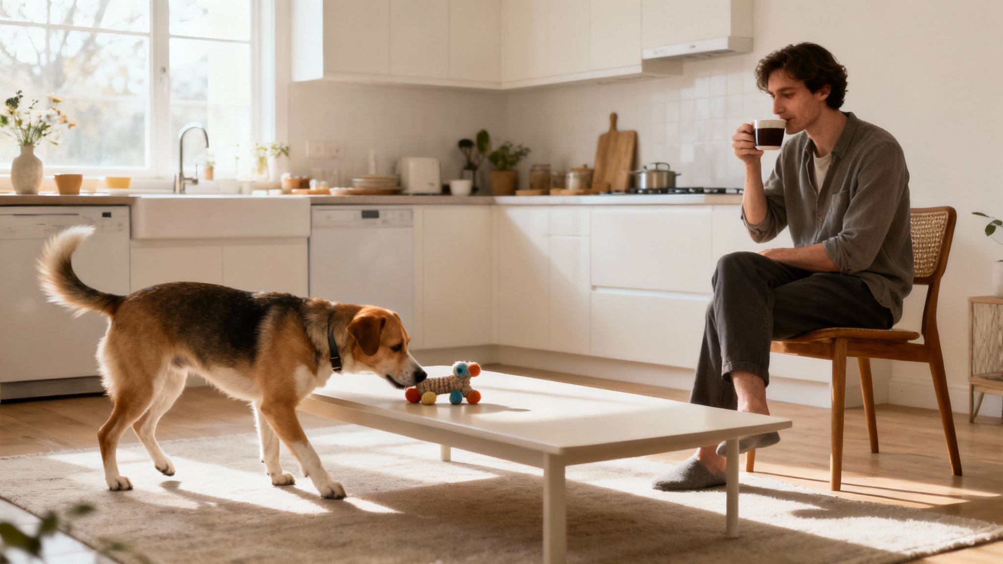 A person and their dog playing a scent game in a cozy living room, surrounded by everyday objects.