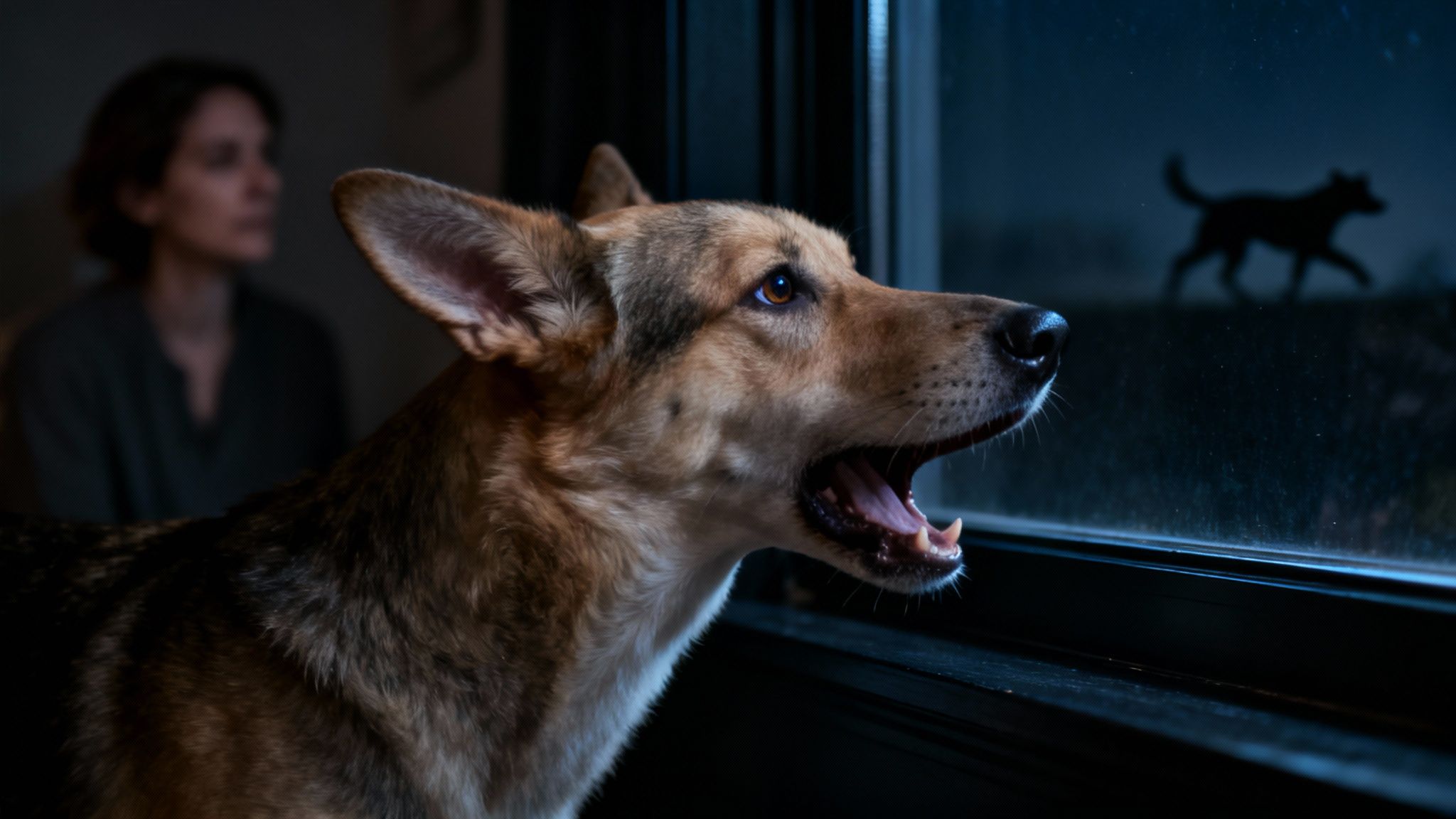 A dog looking out a window at night, appearing to be barking.