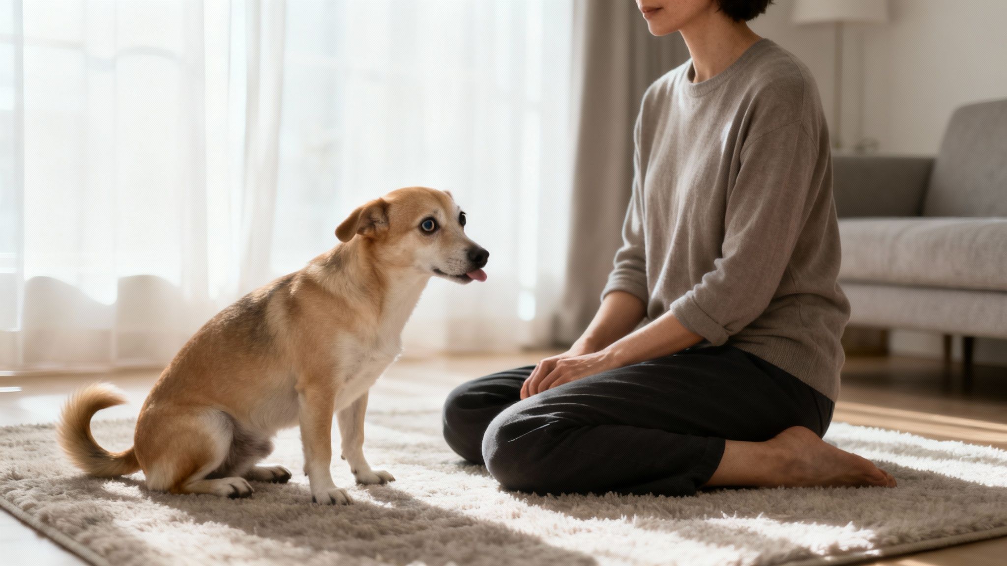 A person and their dog walking on a peaceful, sunlit trail in the woods.