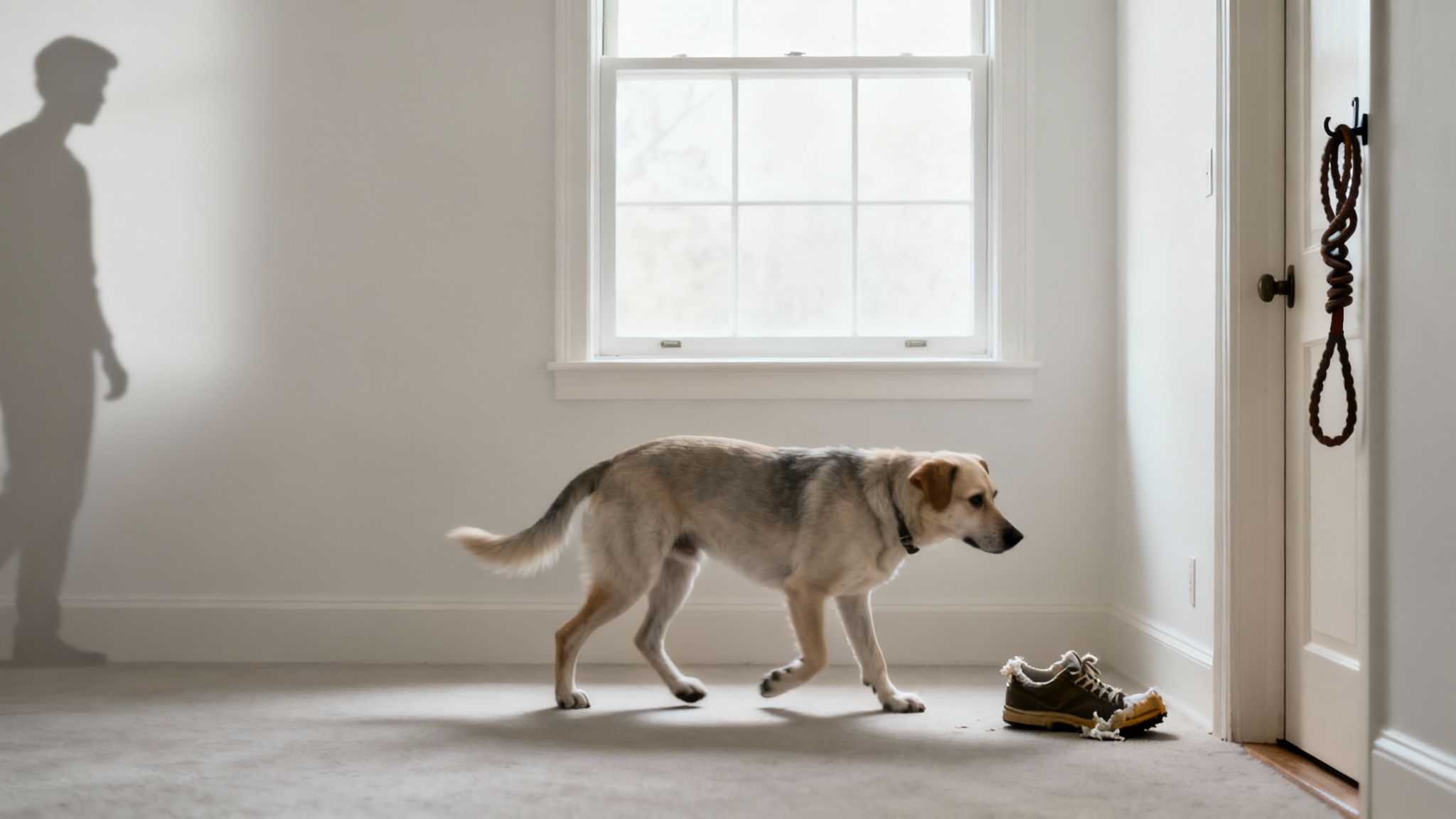 A dog looking expectantly at its owner, hinting it's time for a walk.