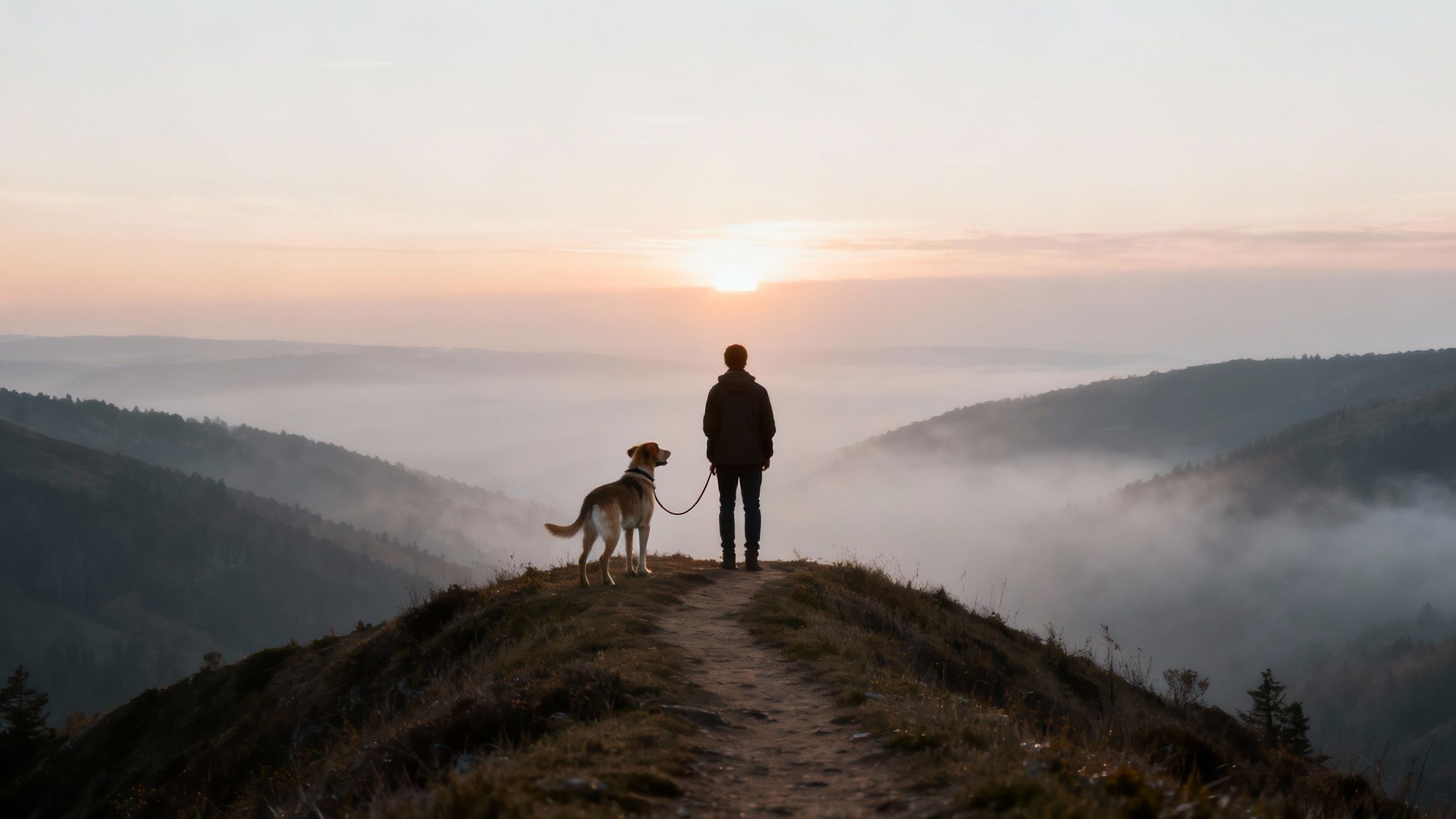 A person and a dog watch the sunrise over a foggy mountain valley at dawn.