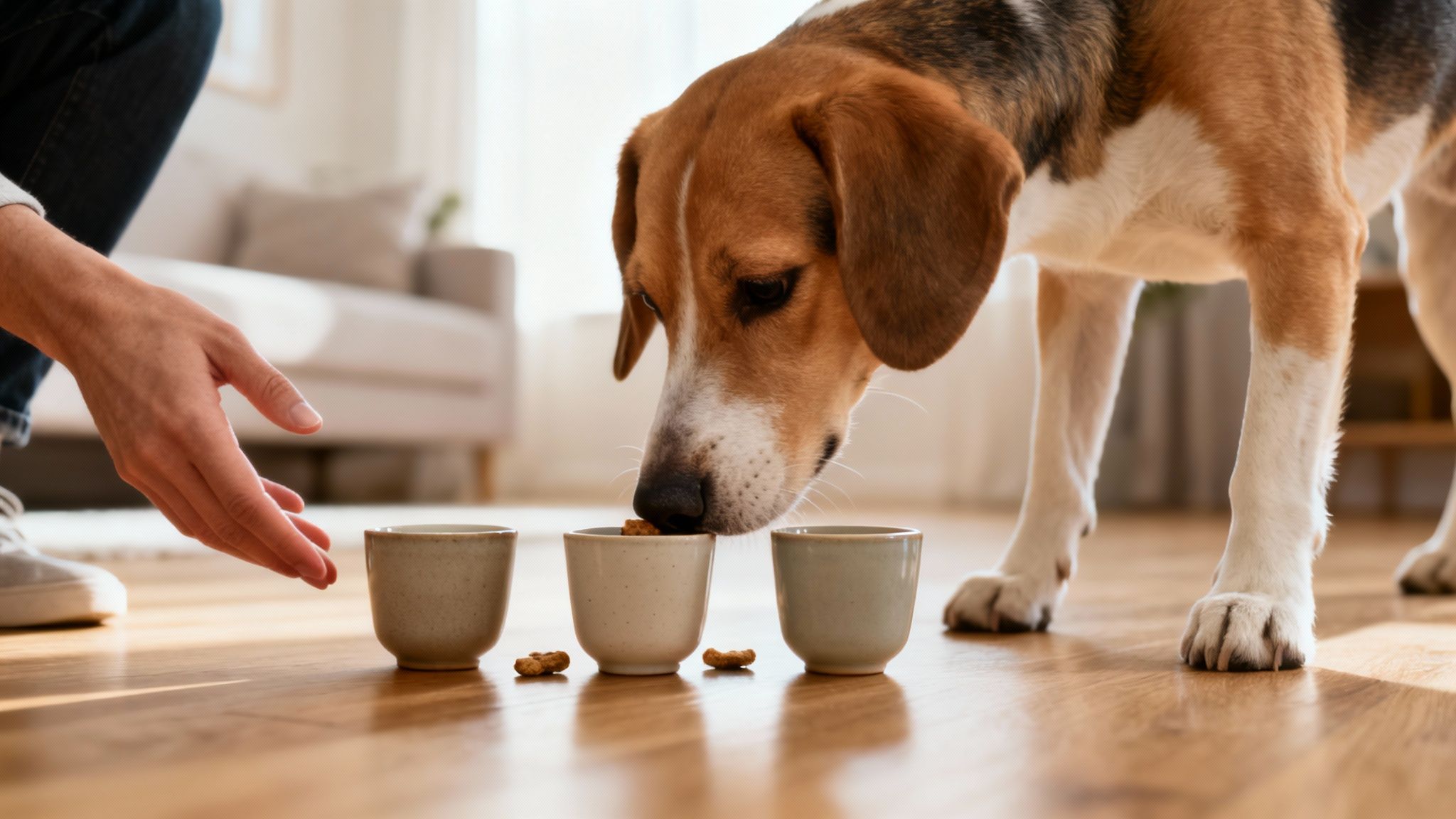 A beagle dog sniffs treats in small cups on a wooden floor while a person's hand reaches out.
