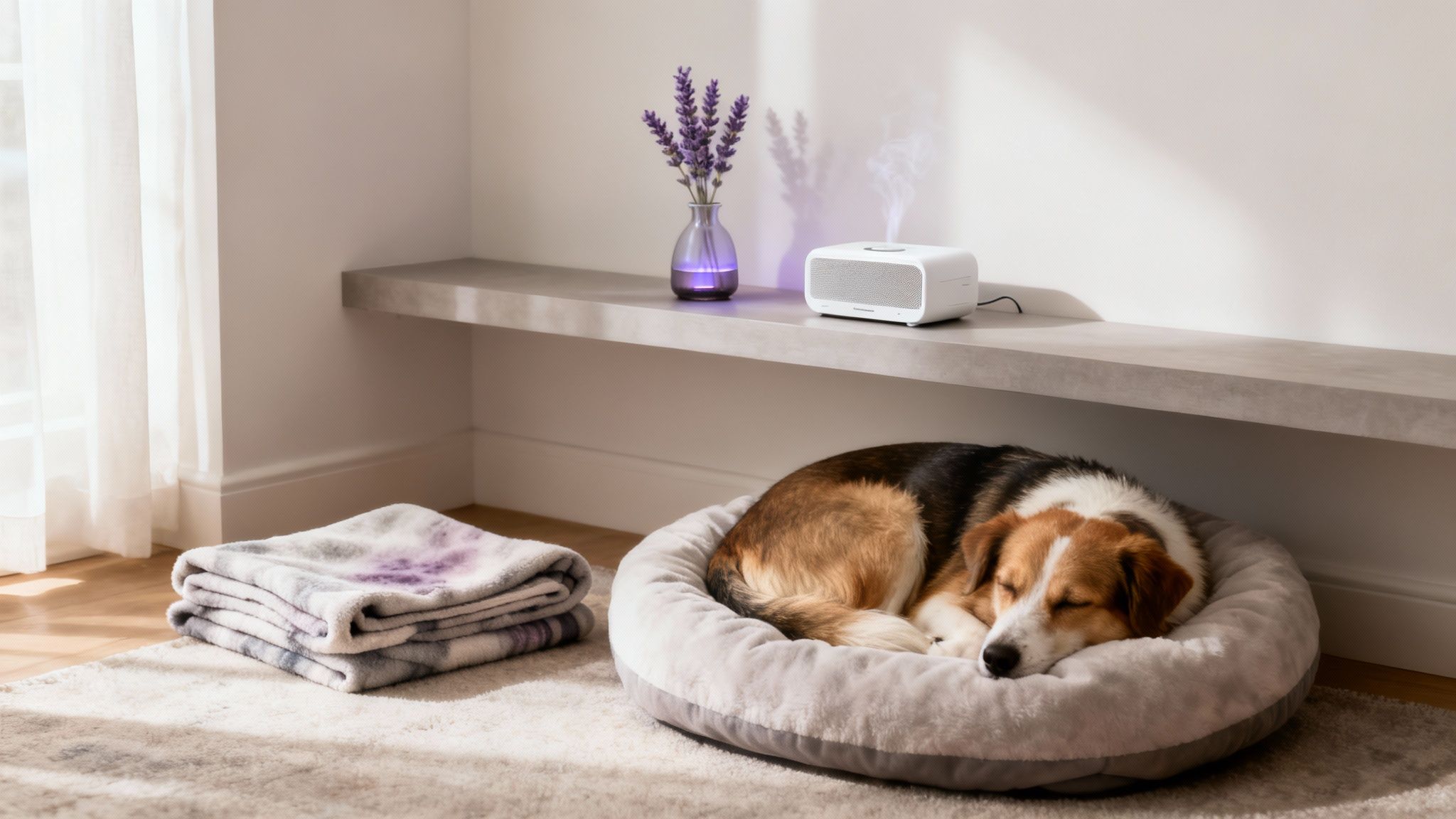 A peaceful dog sleeps soundly in a cozy bed, next to lavender flowers and a diffuser.