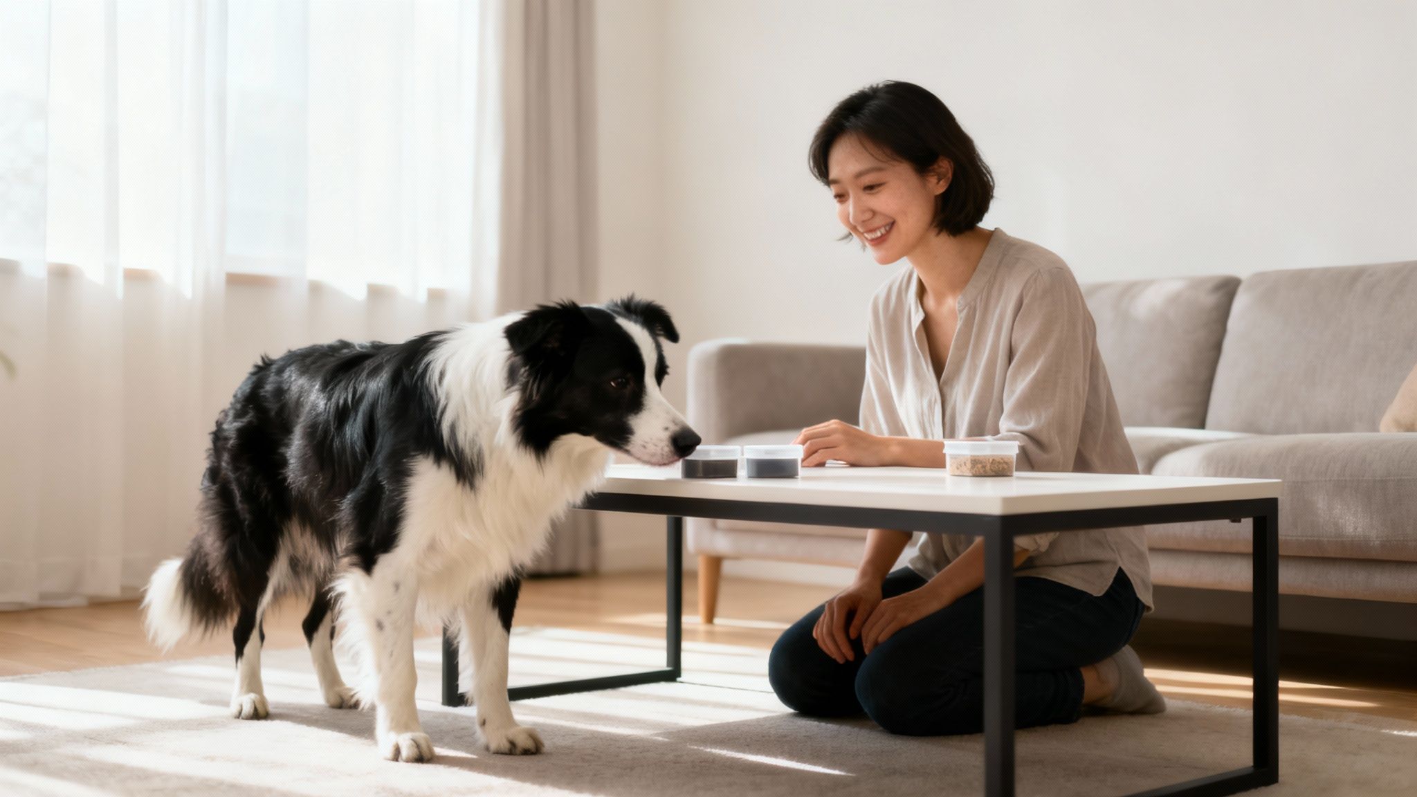 Woman training Border Collie dog with treats at home coffee table during positive reinforcement session