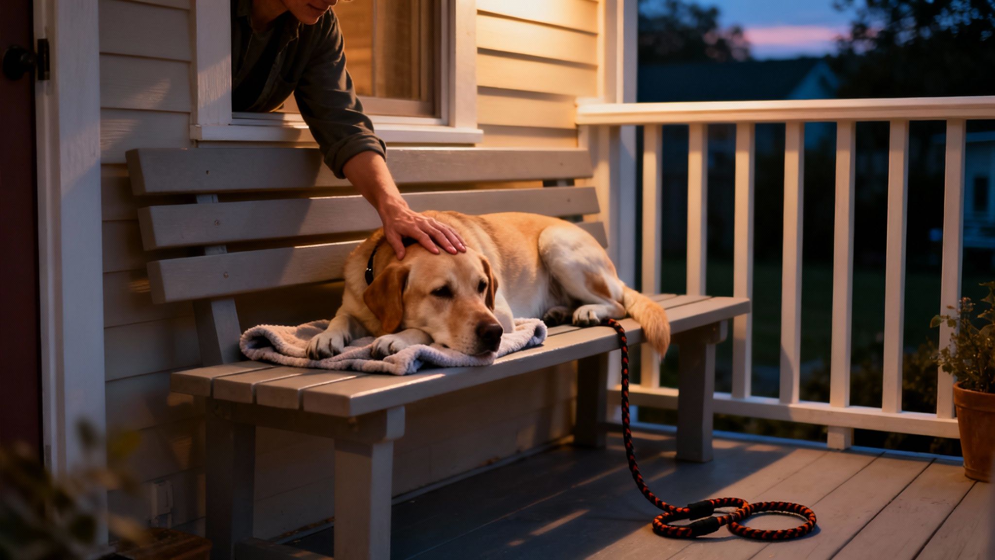 A person's hand gently pets a calm labrador retriever resting on a porch bench at night.