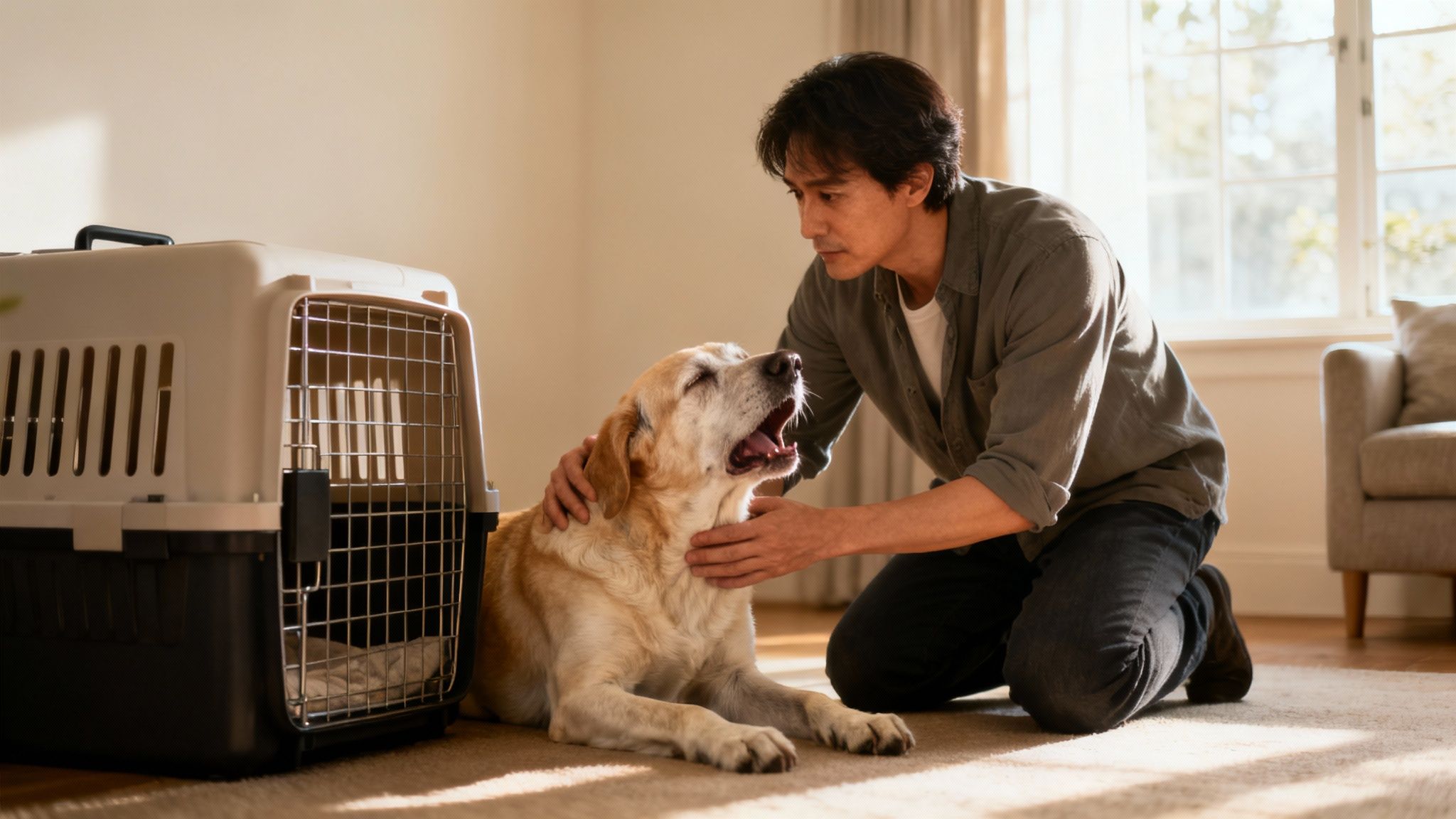 A person's hand gently touching a senior dog's nose as it lies down.