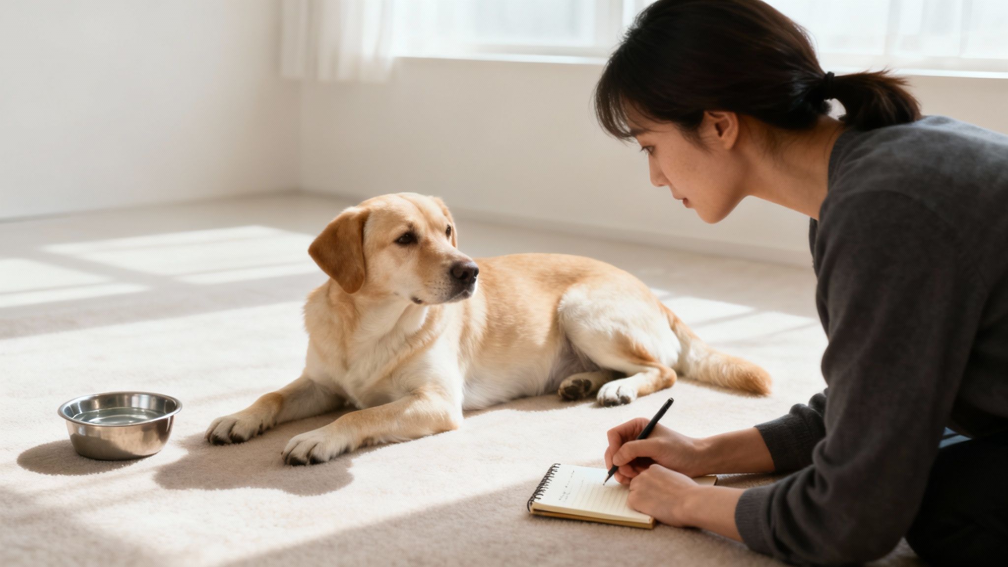 Woman observing and taking notes about her yellow Labrador dog lying beside empty food bowl