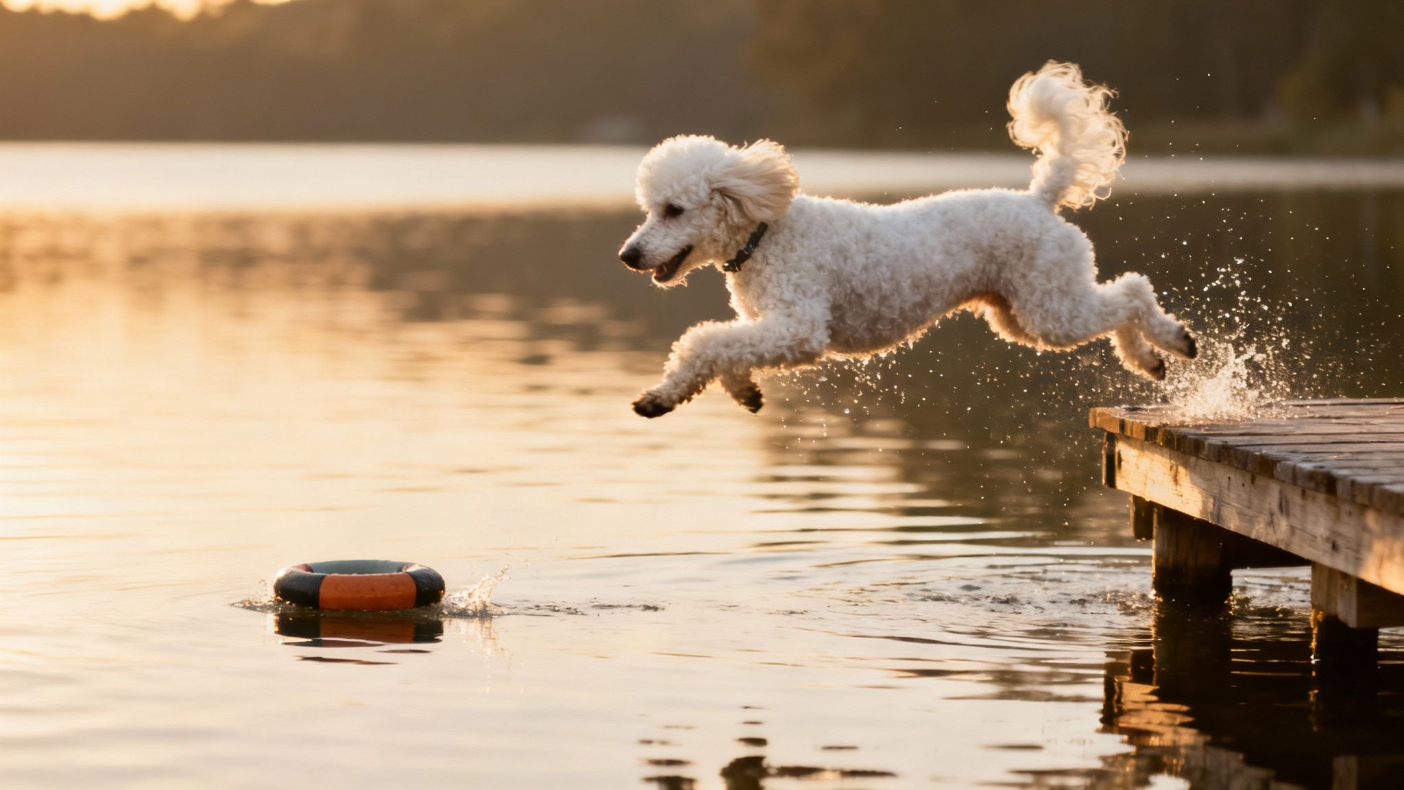 Energetic white poodle dog jumping off a wooden pier into the golden water to play.