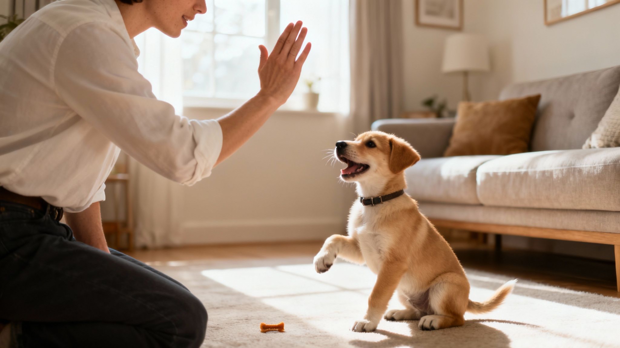 A person and a puppy playing tug-of-war on a lush green lawn.