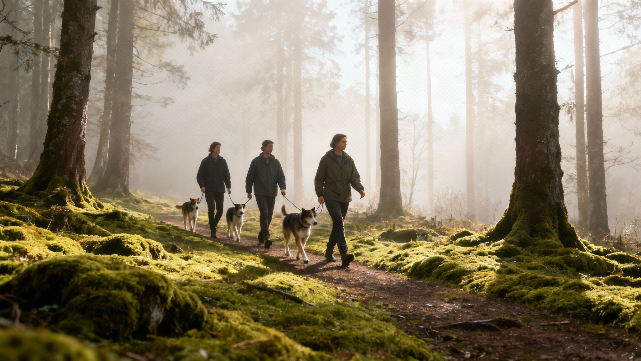 Three people and two dogs walk on a mossy forest path bathed in sunlight and mist.