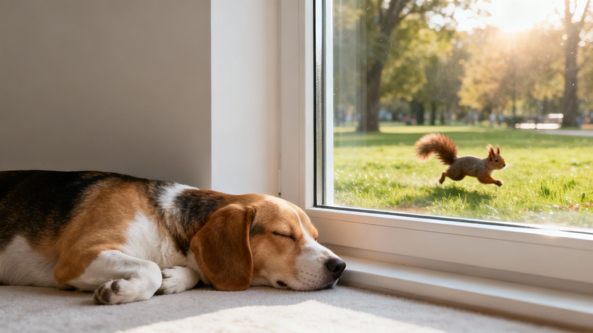 A small tricolor beagle dog sleeps peacefully on the floor.