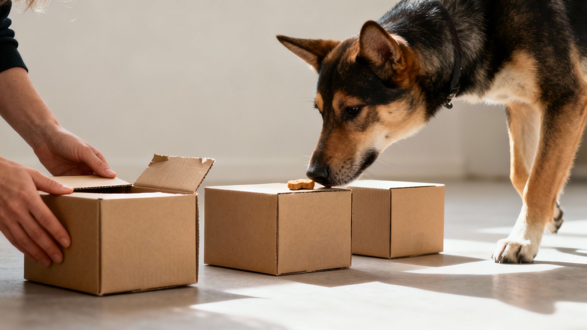 A person hides a treat under a small cardboard box while a dog watches intently.