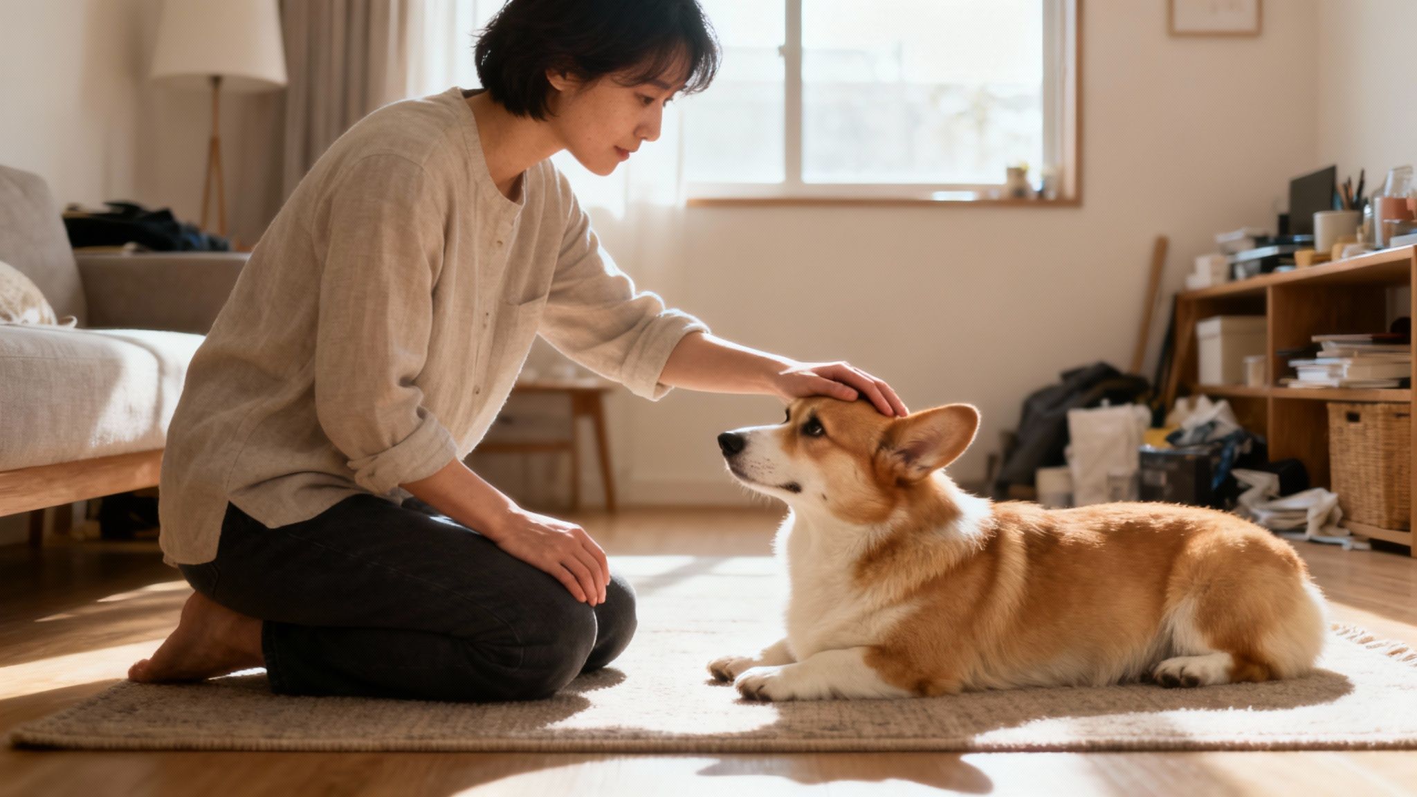 Woman gently petting her corgi dog while sitting together on living room floor