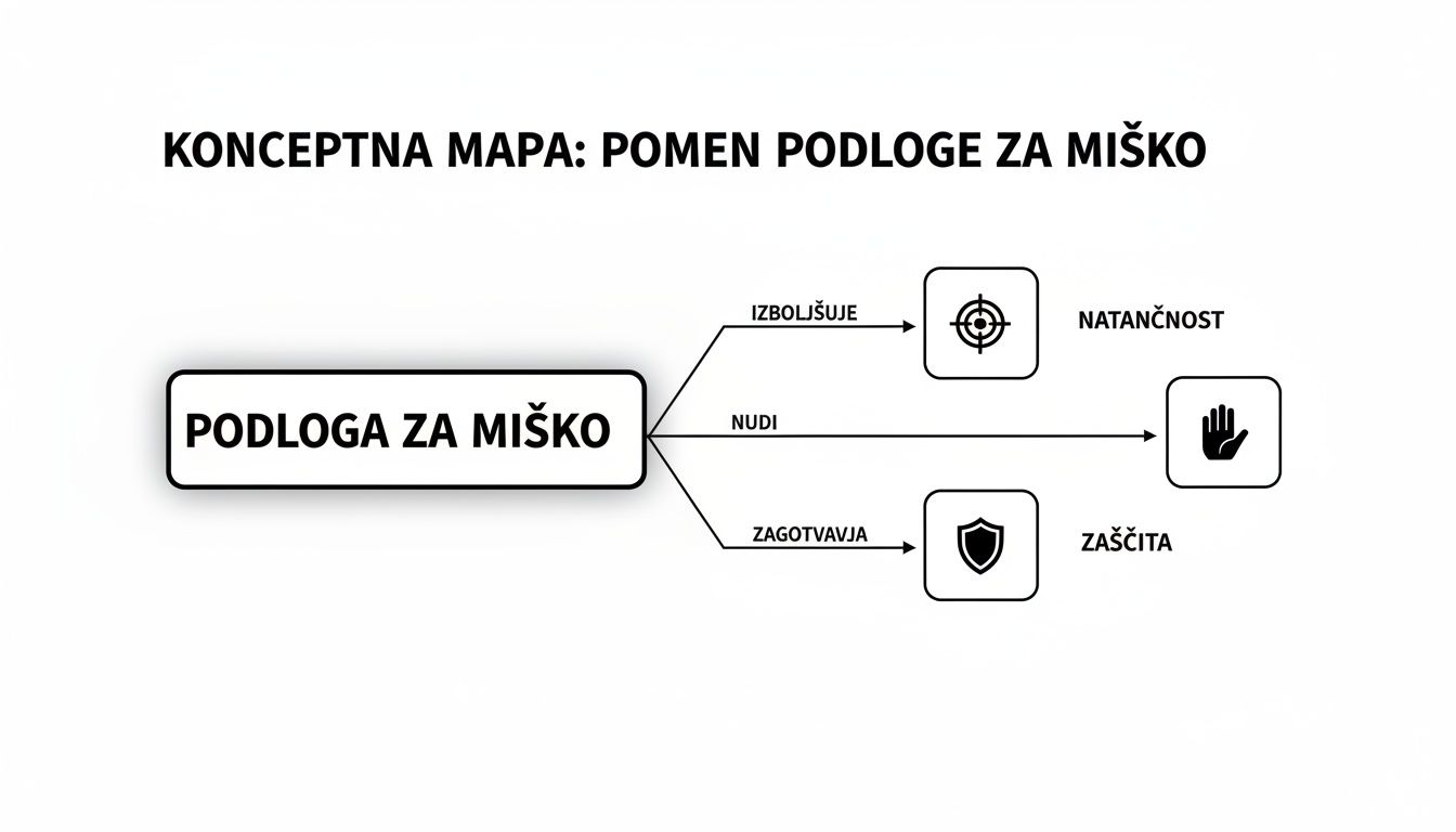 Konceptna mapa prikazuje pomen podloge za miško: izboljšuje natančnost, nudi udobje in zagotavlja zaščito.